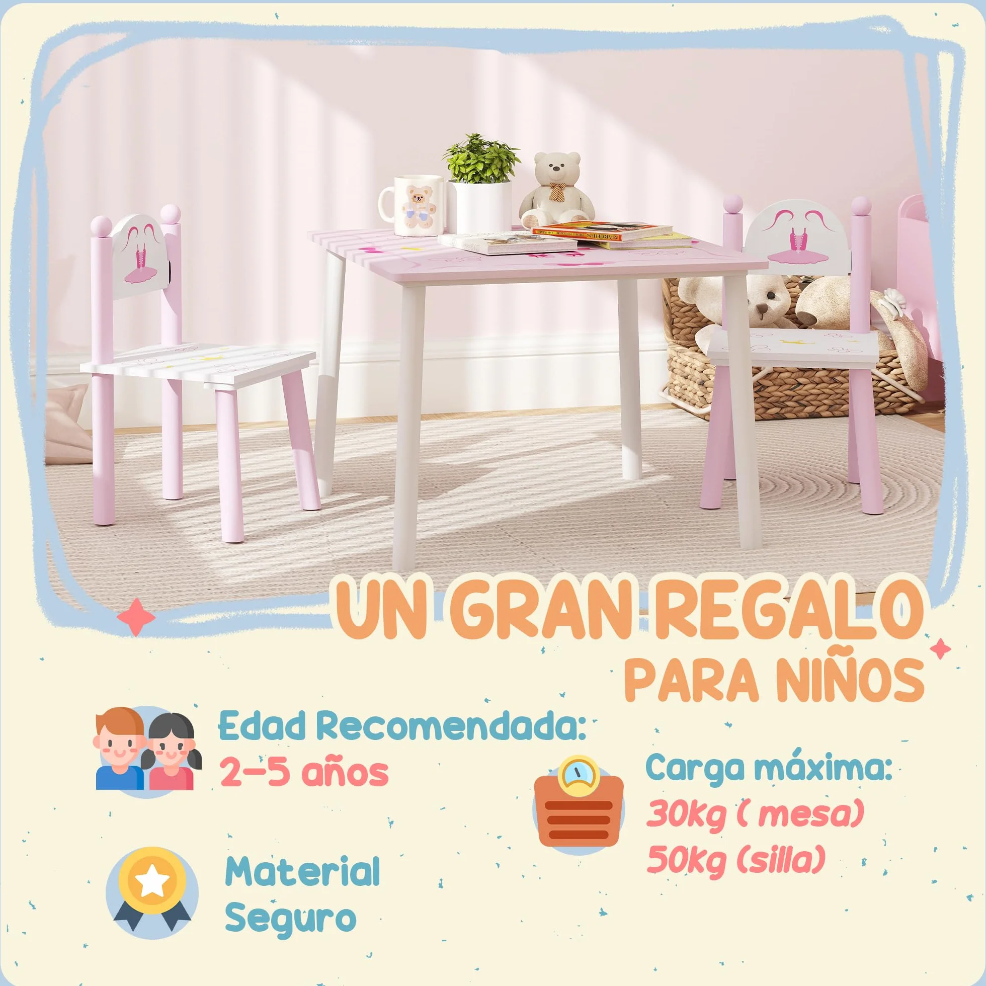 AIYAPLAY Tavolo e sedie per bambini 3 pezzi stile principessa Rosa e bianco