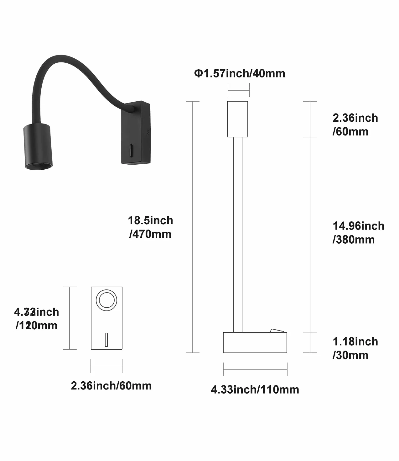 DAWALIGHT Applique da Parete per Lettura 5W LED Luce di Lettura a Collo di Cigno 3000K Bianco caldo Applique da Comodino a Parete per la notte per la Notte Soggiorno Studio, Alluminio, Nero