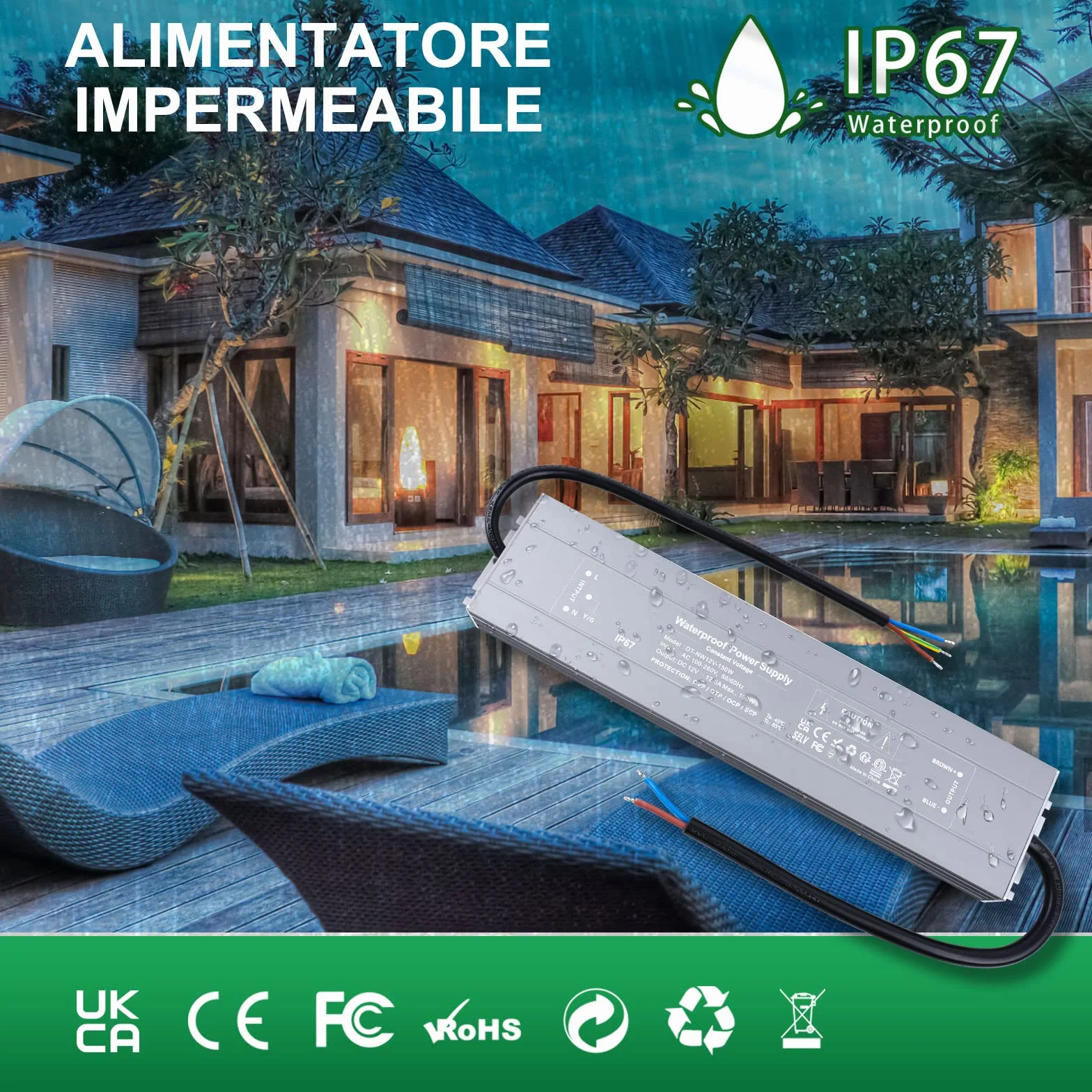 REYLAX Trasformatore LED 12V 150W Alimentatore 12.5A Impermeabile IP67 Driver LED AC 100-260V a DC 12V Trasformatori da Esterno Adattatore Led a Tensione Costante Power Supply Bassa Tensione