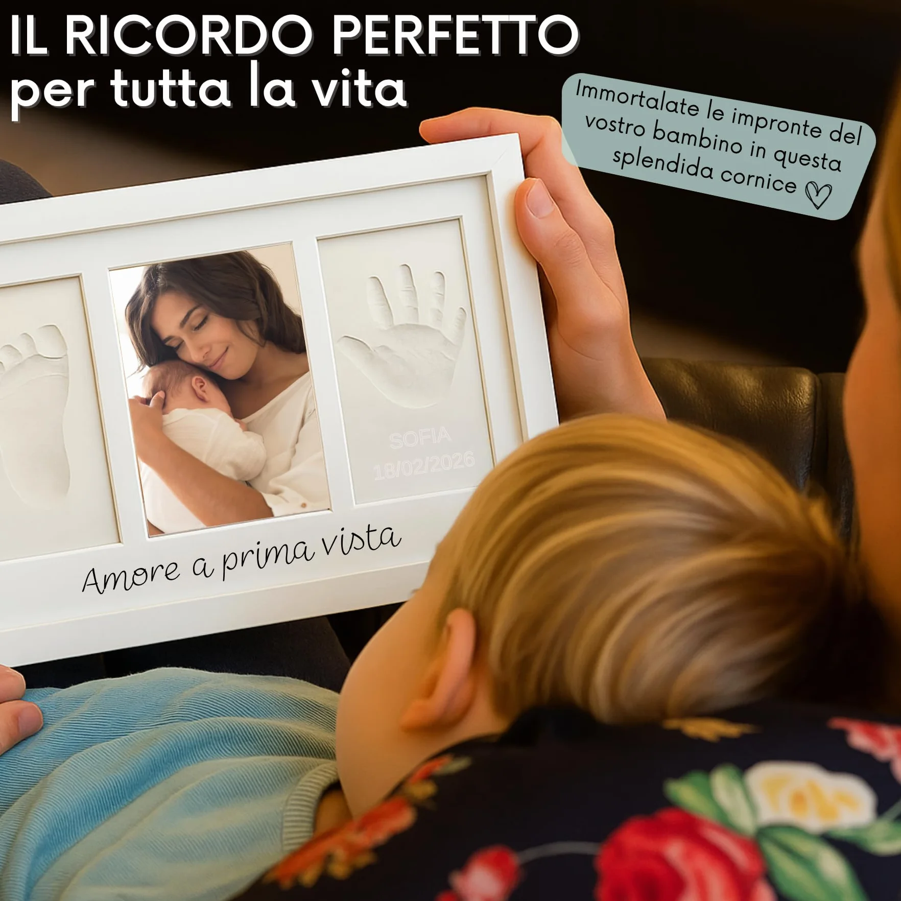 Kit impronte neonato con argilla e cornice per calco mani e piedi, idea regalo nascita o battesimo, ricordo originale bianco