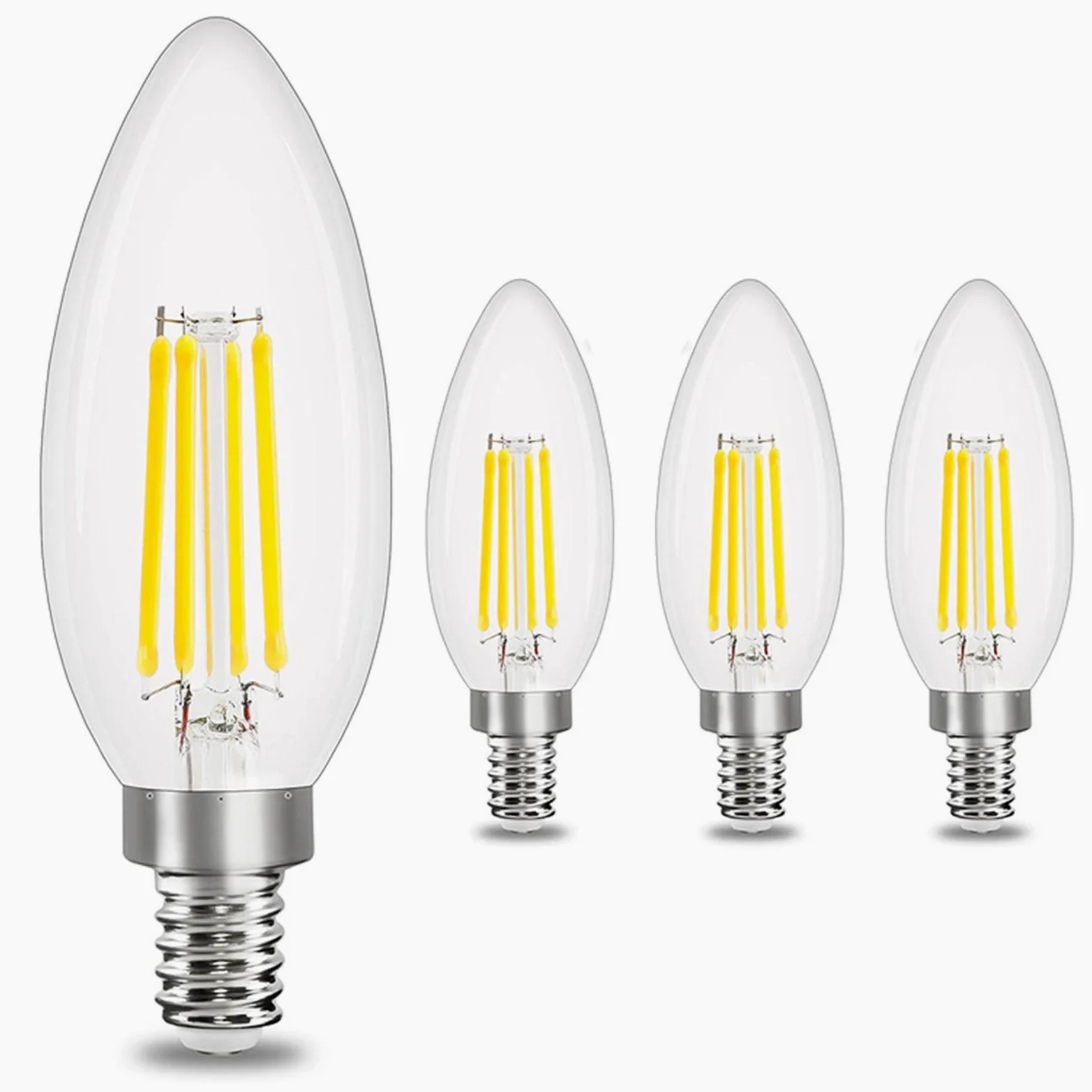 Confezione 4 Lampadine a Candelabri LED, Lampadine a Filamento Edison Retro Dimmerabili E14 4 W Bianco Caldo Equivalenti a 40 W, Lampadine Lampadari in Vetro Trasparente 400 lm C35
