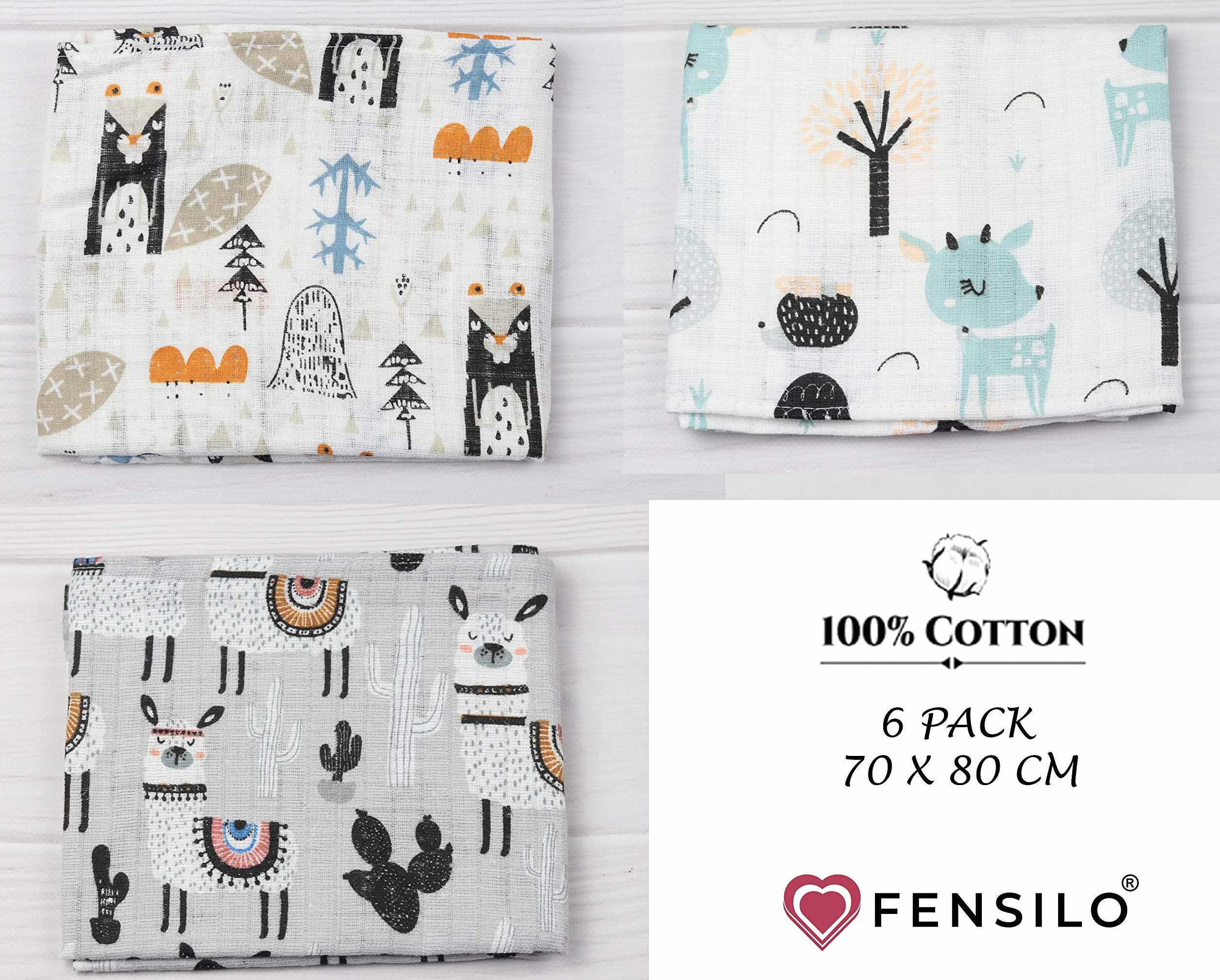 Neonato Mussola Pacco da 6 70x80cm Grigio Animali Bimbo e Bimba OEKO-TEX STANDARD 100