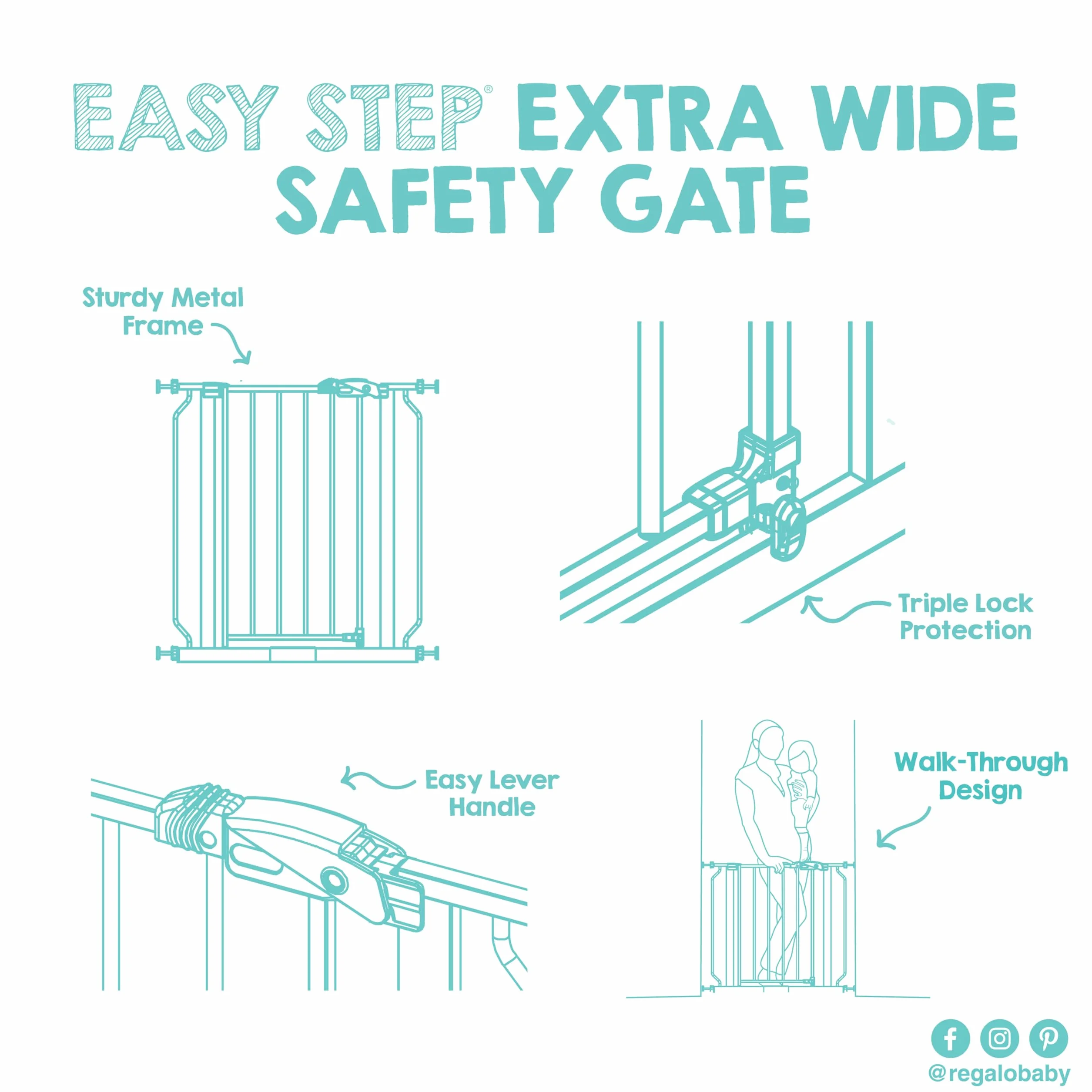 Regalo Safety Extra Wide Baby Gate for Doorways & Bottom of Stairs, Fits Openings 73.6-122cm, Pressure Mounted, White