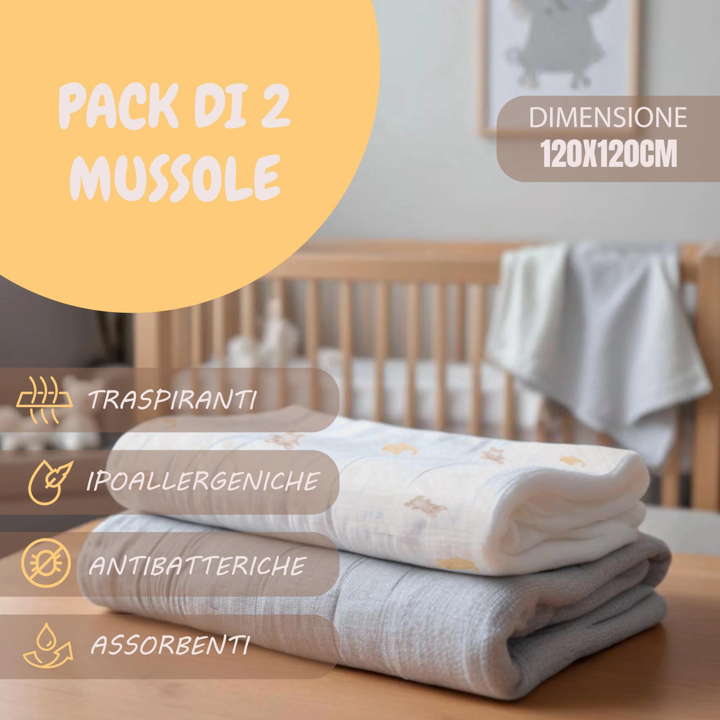 Mussole Bambino Cotone Bamboo 120x120 cm 2 pz Swaddle Panni Fasciatoio