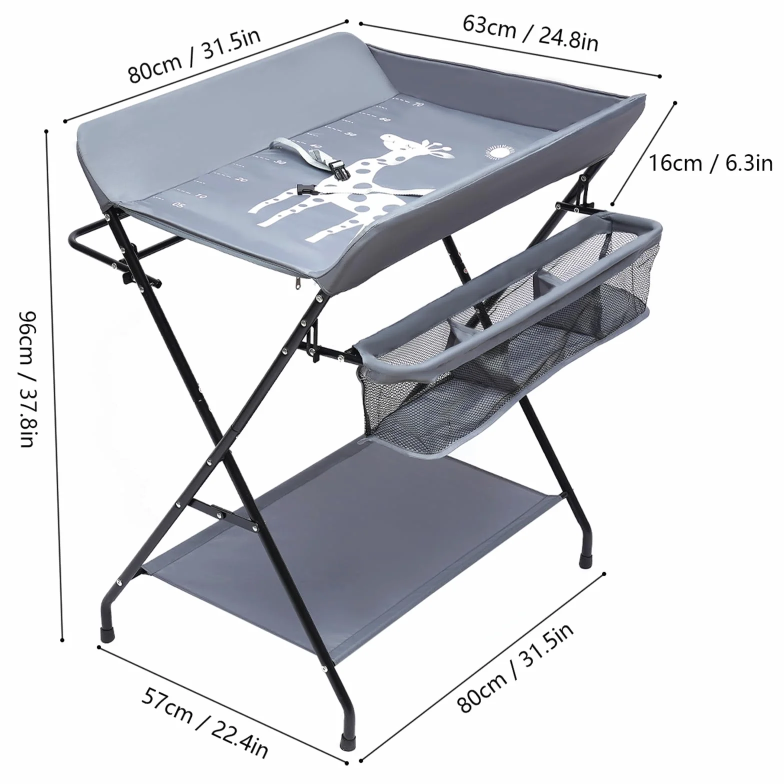 Comò fasciatoio pieghevole con cintura di sicurezza e ripiani, portata 25 kg