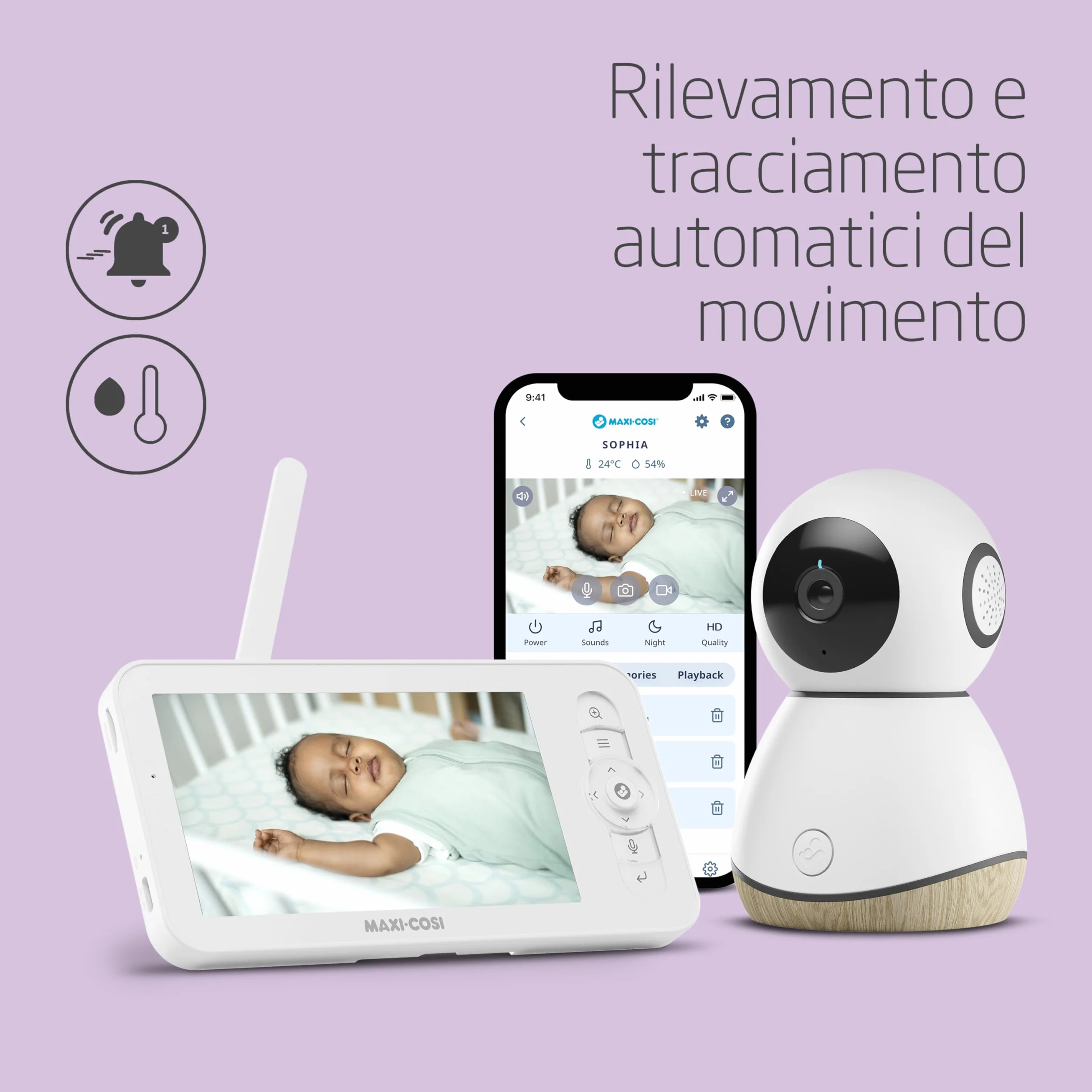Maxi-Cosi See Pro Video Baby Monitor WiFi HD, Visione Notturna, Rilevamento Movimento, Termometro Igrometro