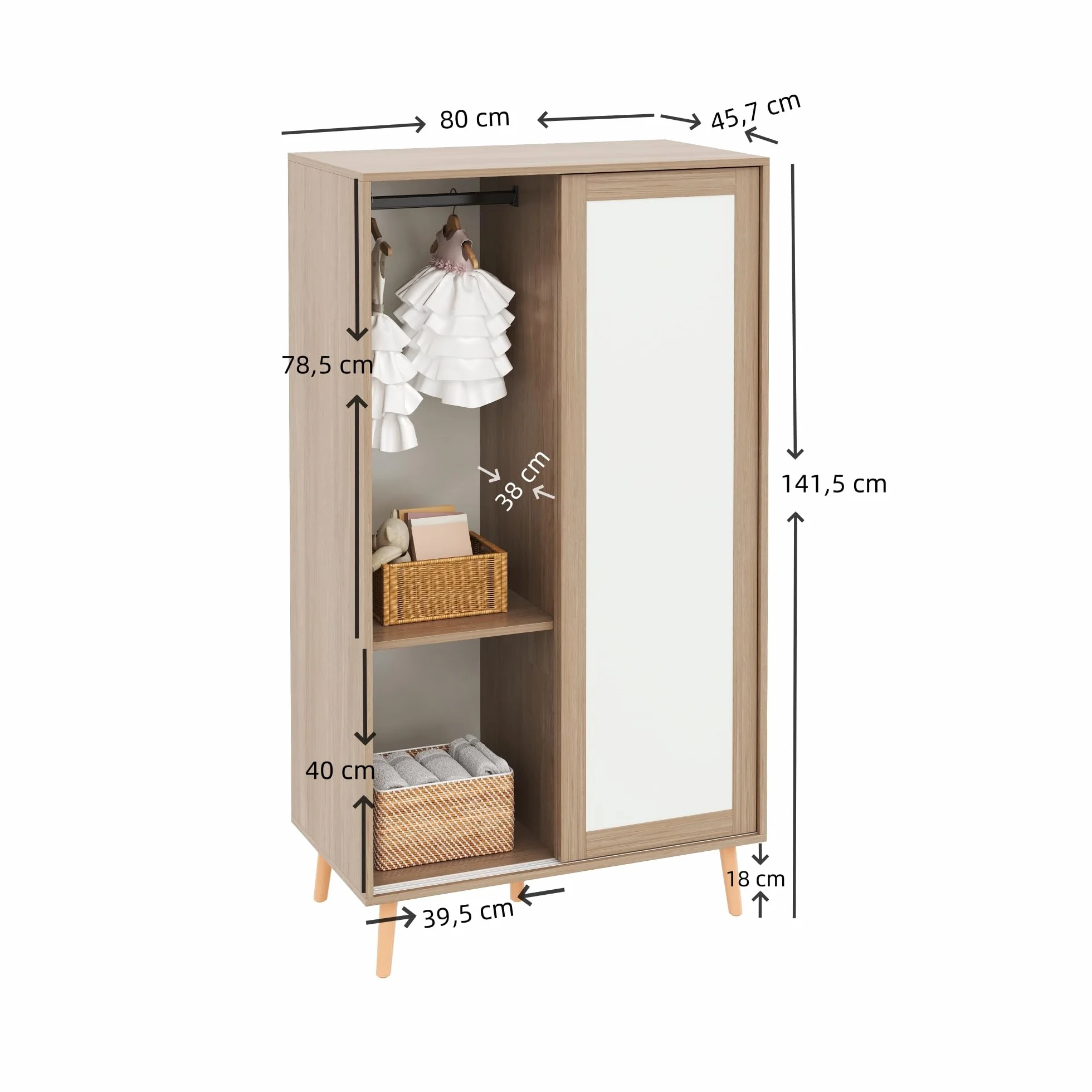 Soweiz Appendiabiti per bambini con porta scorrevole, bianco + legno naturale, 141,5 cm