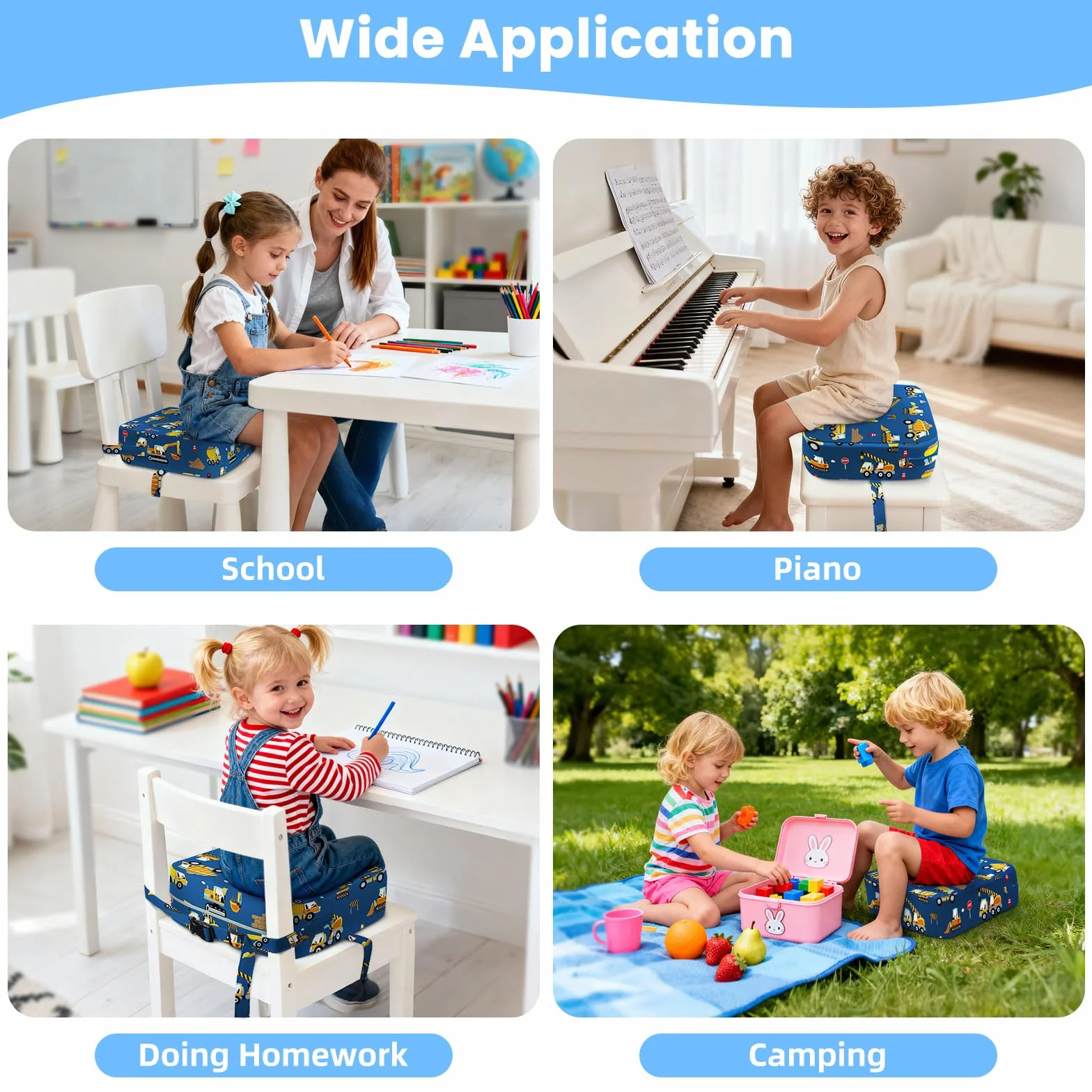 Seggiolino da Tavolo per Bambini Lavabile Cartoon Cuscino con Cinghie Regolabili Base Antiscivolo 32x32x10 cm Escavatore