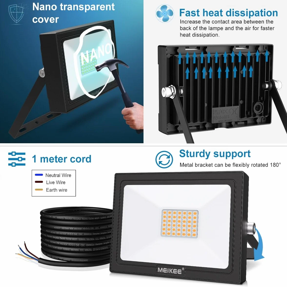 MEIKEE Faretto LED da Esterno, 35W, 3000LM, Faretti a LED per Esterni Impermeabile IP66, Potenti luci 42 LED Interna ed Esterna 2700K Bianco Caldo Per Giardino Cortile Garage Piazza - 2 Pezzi