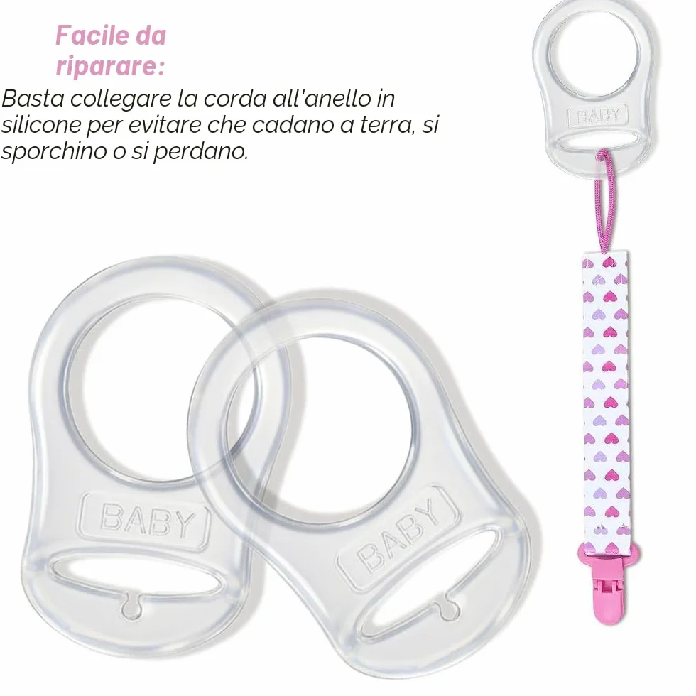 Adattatore per Ciuccio in Silicone Trasparente, 2 Pezzi Anello con Clip Supporto Porta Ciuccio