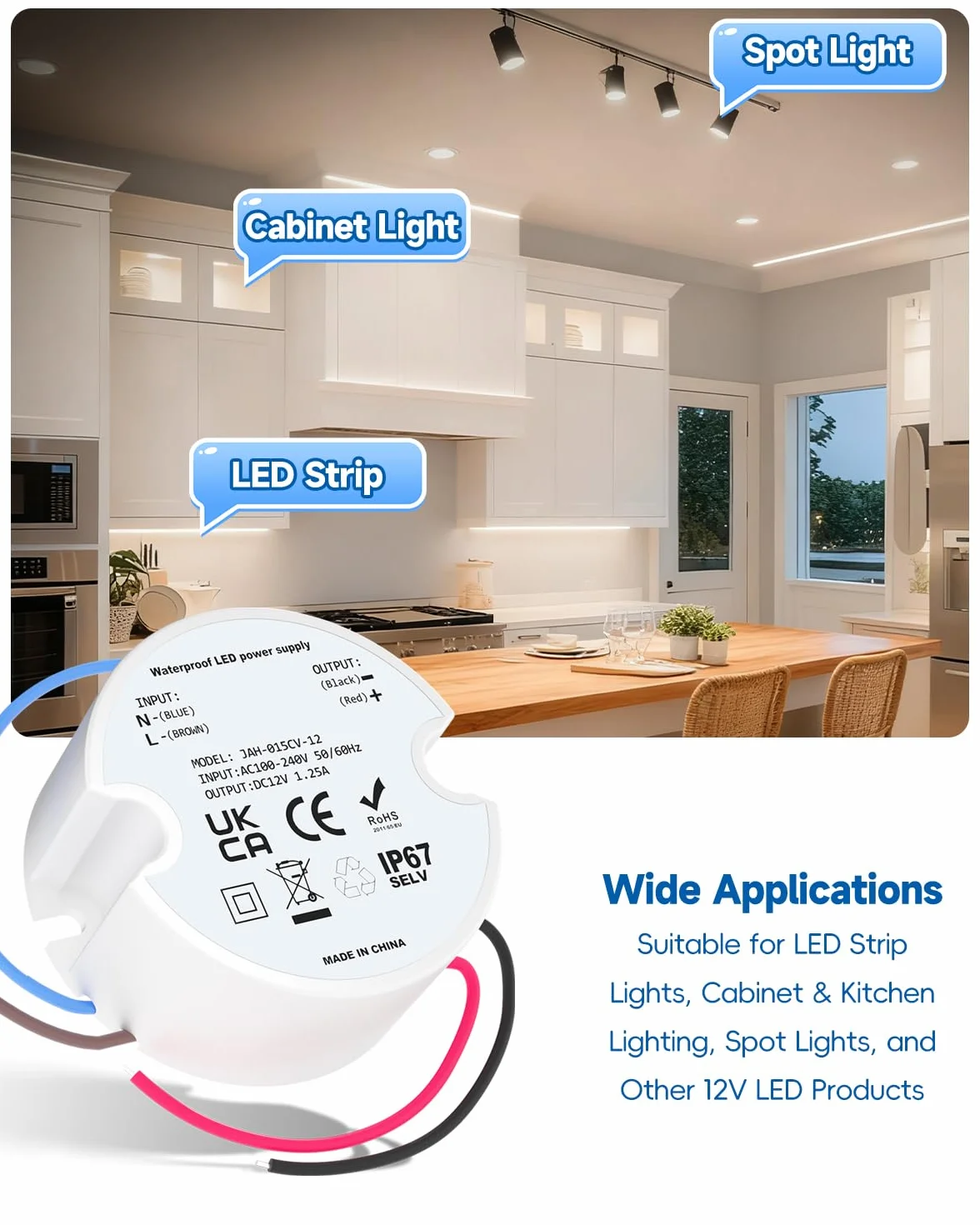 trasformatore led 12v 15W, trasformatore da 230V a 12V LED 1.25A, IP67 mini trasformatore rotondo LED driver per sotto-armadio luce 2 pezzi