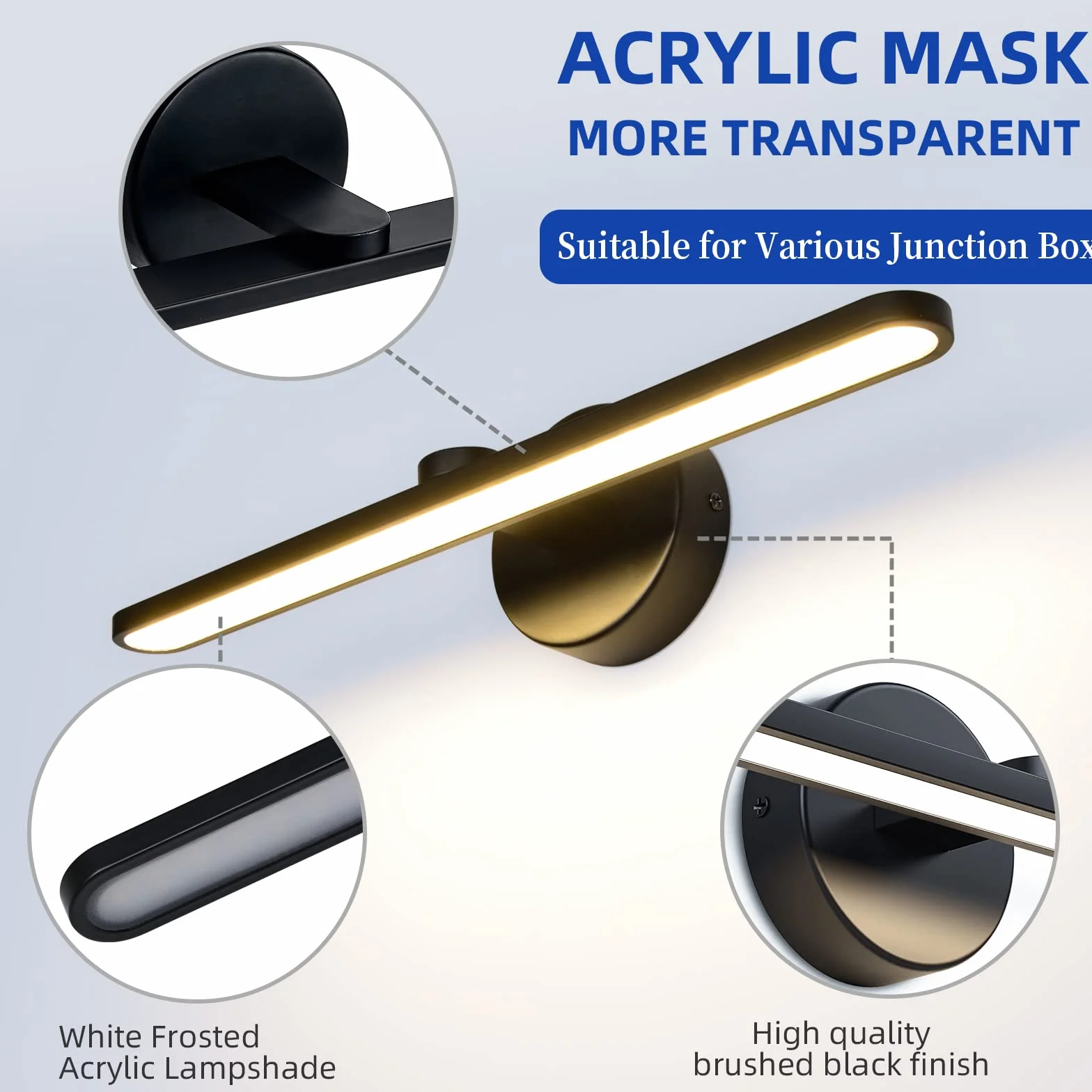 Lampada da Specchio per Bagno 40cm 12W LED Nero Luce a Parete Murales con 3000K Applique per Specchio e Armadio Illuminazione per Camera e Corridoio