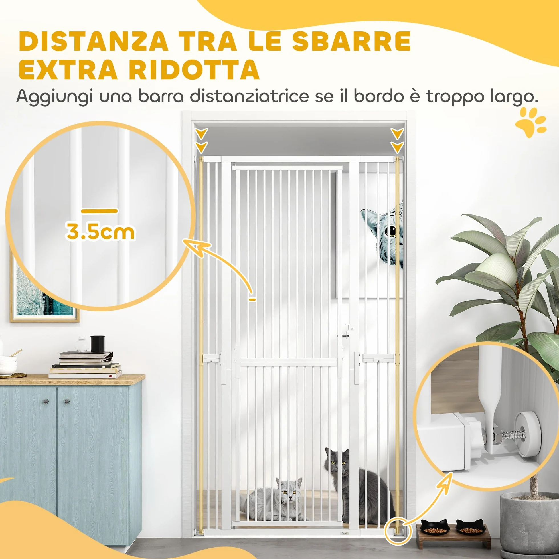 PawHut Cancelletto di Sicurezza per Cani Gatti 180cm, Estensibile 77-104 cm, Spazio 3.5cm, Bianco