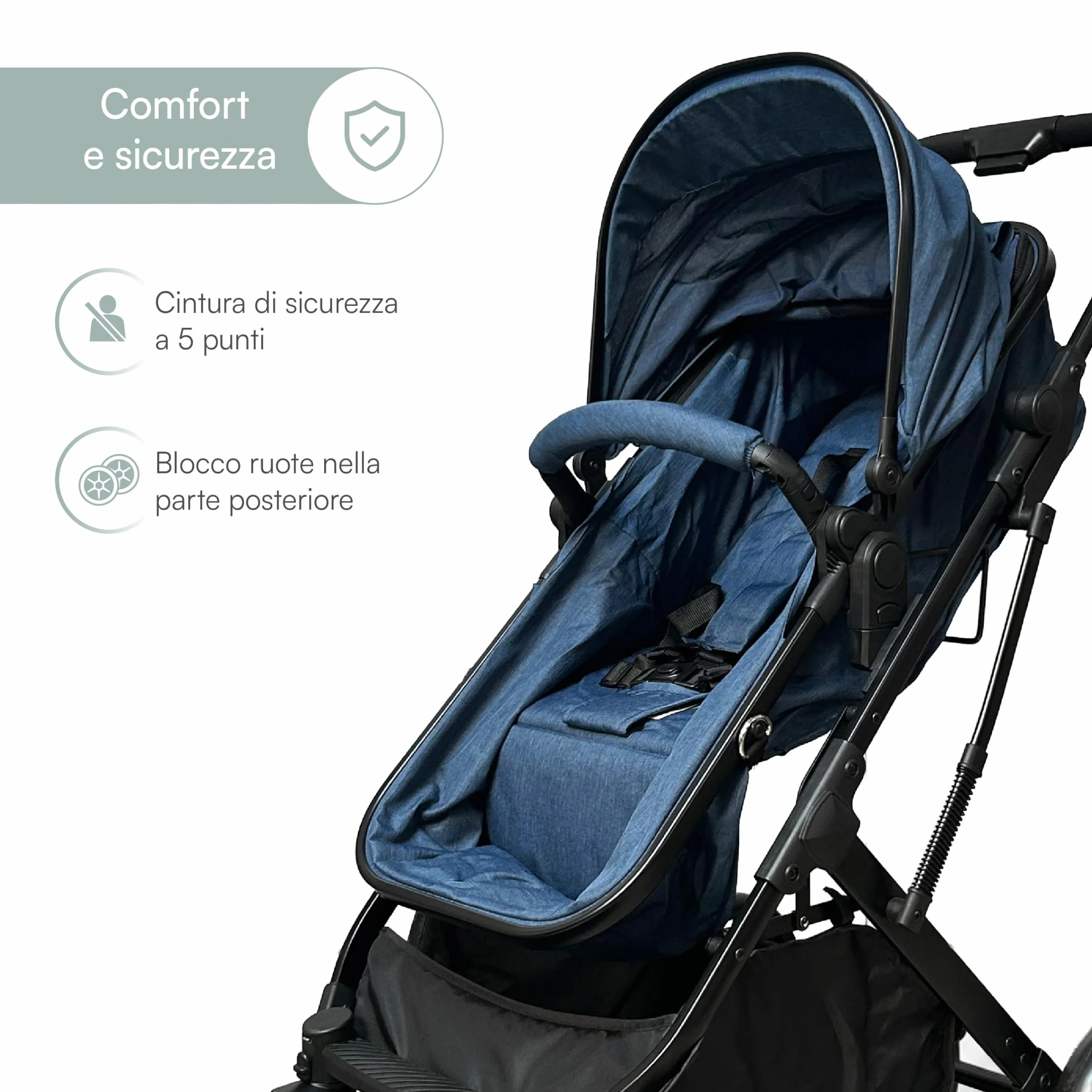 Passeggino Trio 3 in 1 con Navicella, Ovetto e Borsa Mamma, Reversibile, Schienale Reclinabile, Chiusura Compatta, 6-36 Mesi (Blu)