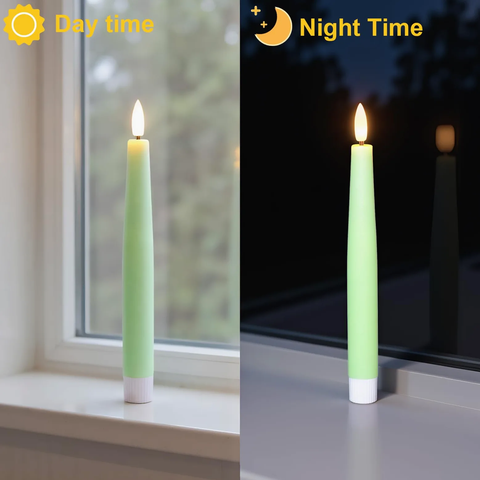 Candele coniche verdi senza fiamma, a LED tremolanti, a batteria, con timer remoto, 4 candelieri senza fiamma per decorazioni primaverili per matrimoni e per la casa (D0,78 "x H8,2,5 cm)