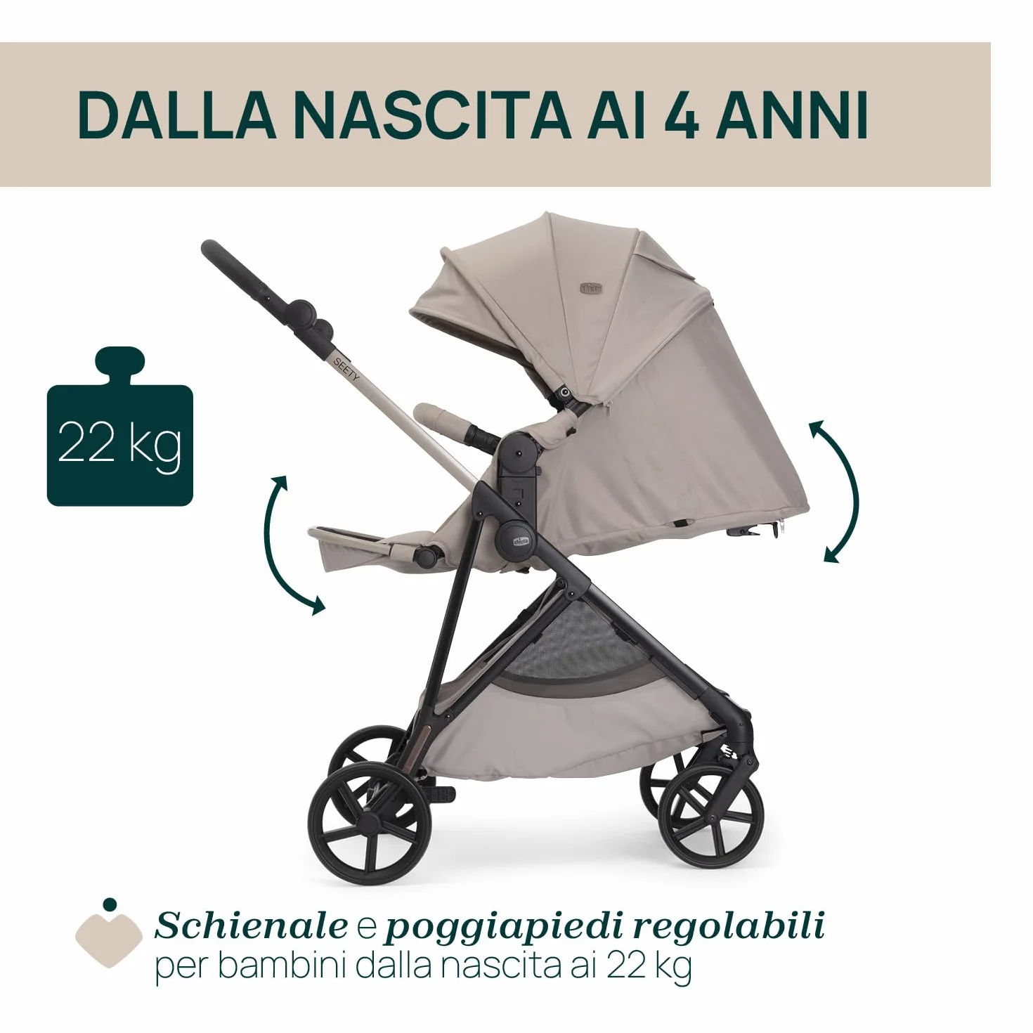 Chicco Passeggino Seety Leggero Compatto Pieghevole Reclinabile 0-4 Anni 22kg