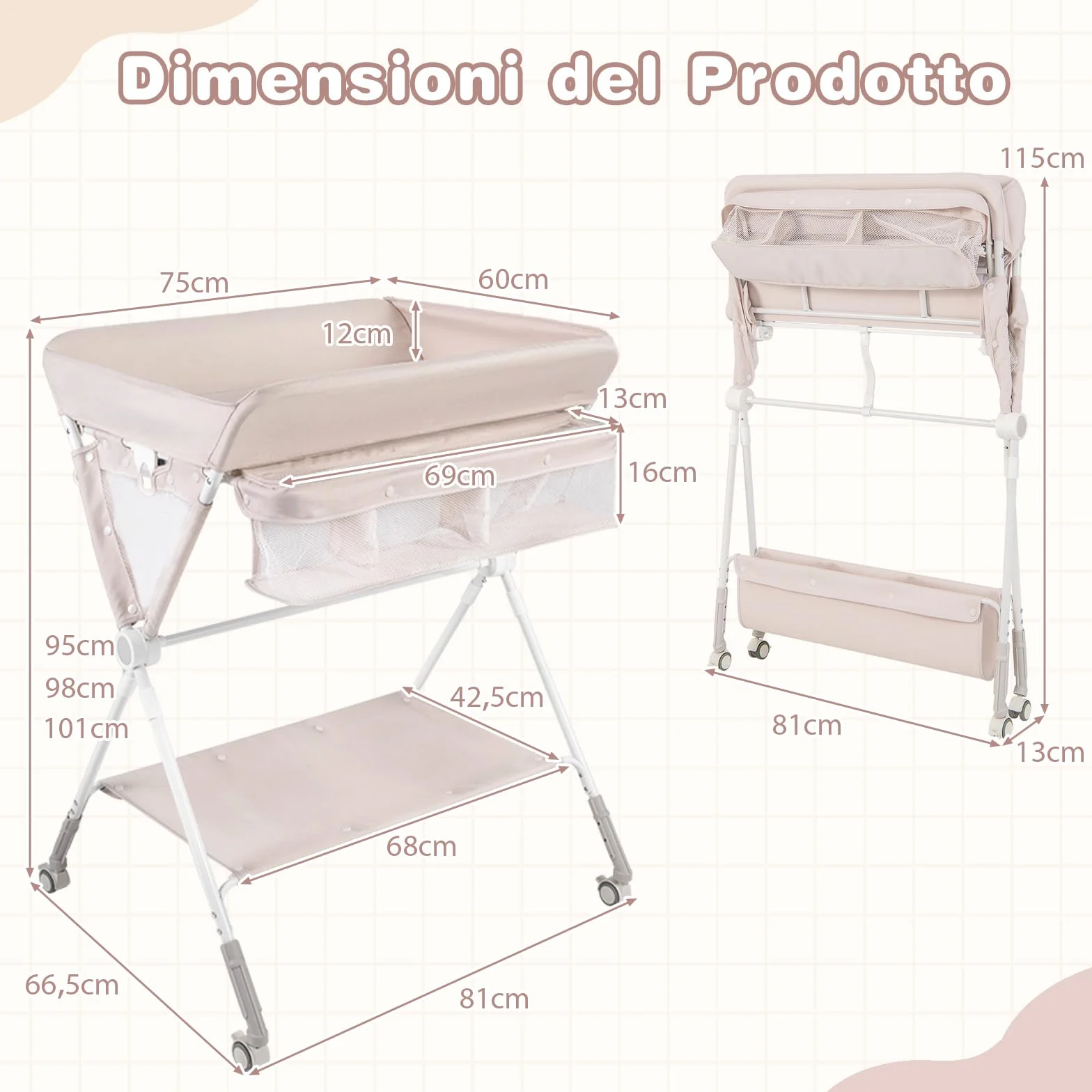 COSTWAY Fasciatoio Pieghevole per Bambini, Altezza Regolabile 3 Livelli, Ruote Bloccabili, Beige