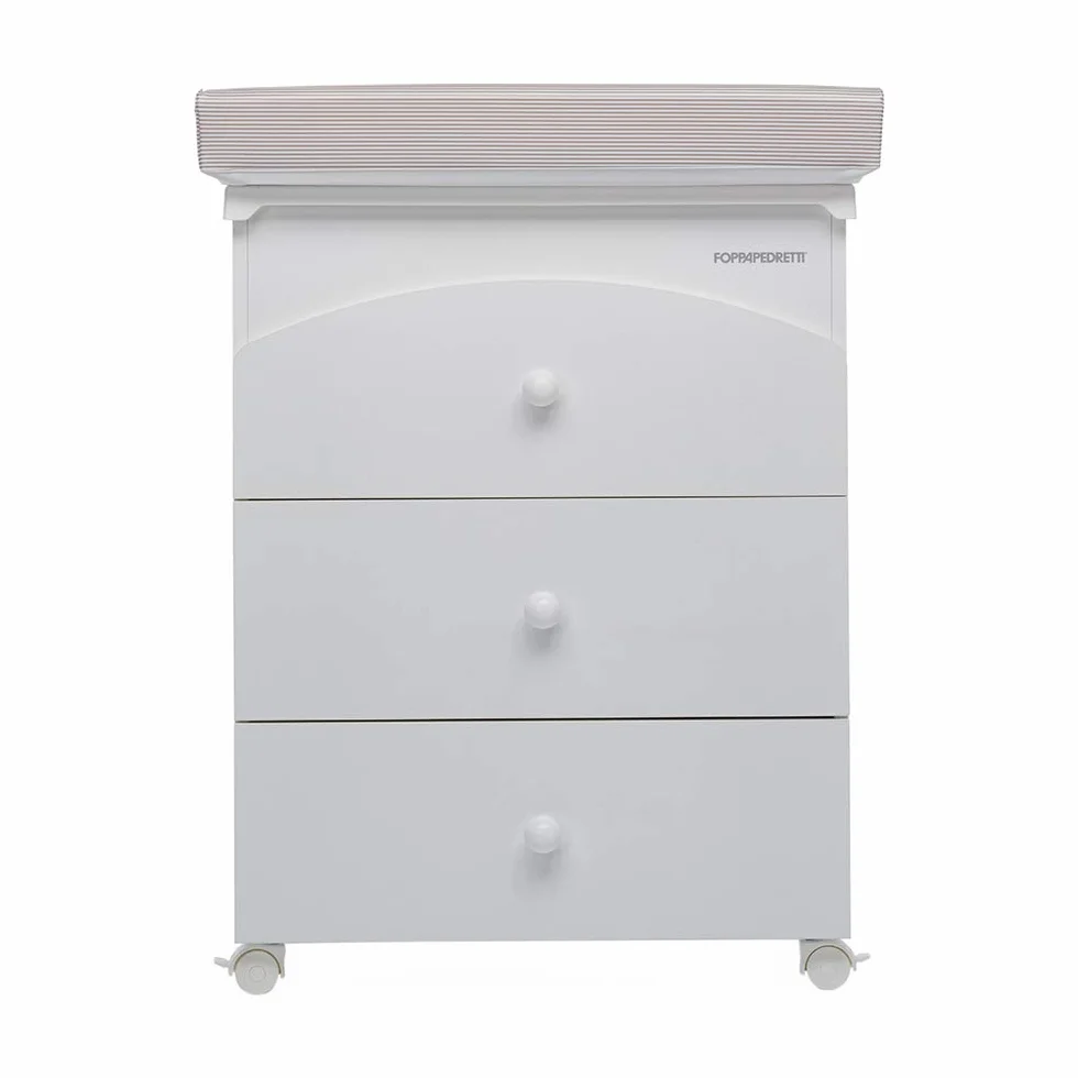 Foppapedretti Bagnetto Fasciatoio IlBagnetto, Legno, 3 Cassetti, Piano Ribaltabile, Vaschetta Anatomica Estraibile, 4 ruote, Materassino Incluso, 89x46x69 cm, Bianco