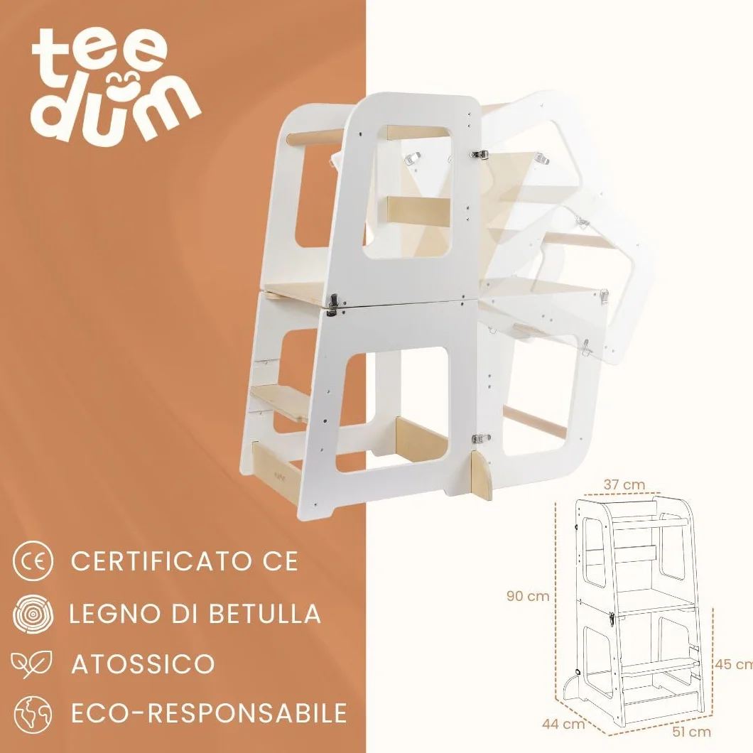 Torre Montessori per Bambini 2-in-1 Torretta Apprendimento in Legno Naturale Convertibile in Scrivania Sgabello Sicura Evolutiva 12M+ Teedum