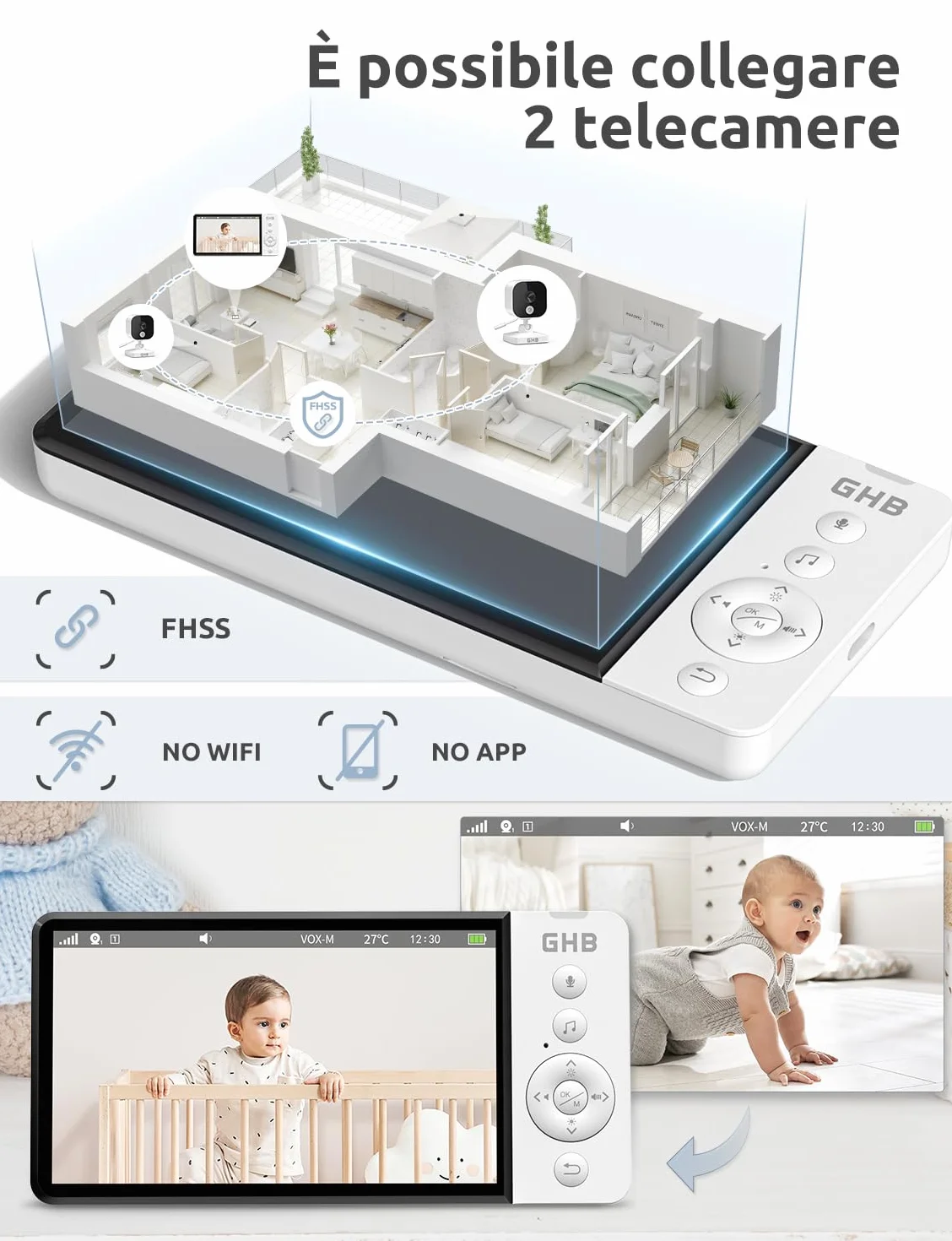 Baby Monitor Video Audio 5" Schermo IPS 5000mAh Visione Notturna Sensore Temperatura VOX Ninnananna