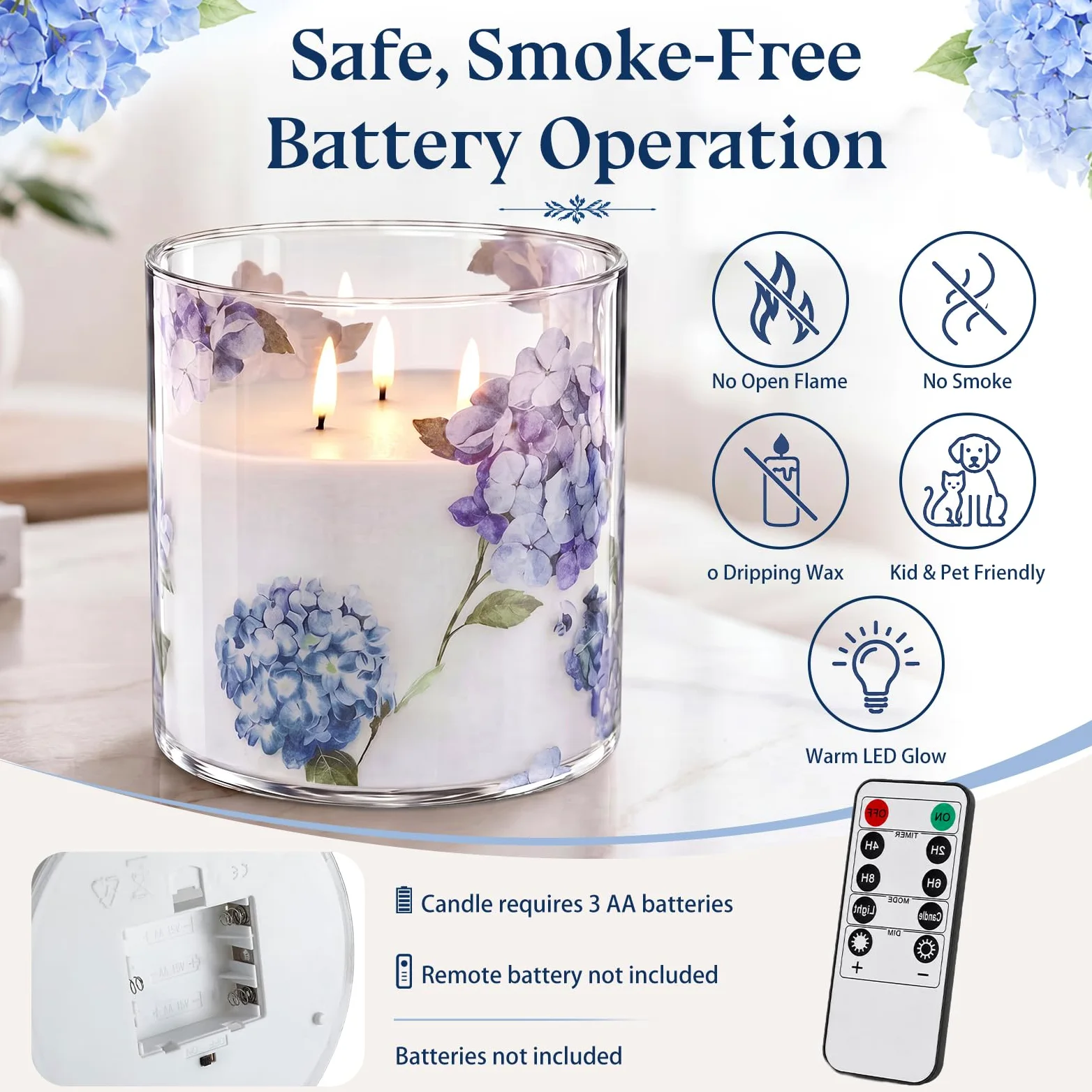 Gerrii Grande candela in vetro senza fiamma a forma di ortensia con 3 stoppini, 15,2 x 15,2 cm, candela in vetro blu con stampa floreale a ortensia blu con timer remoto, candele LED tremolanti in vera