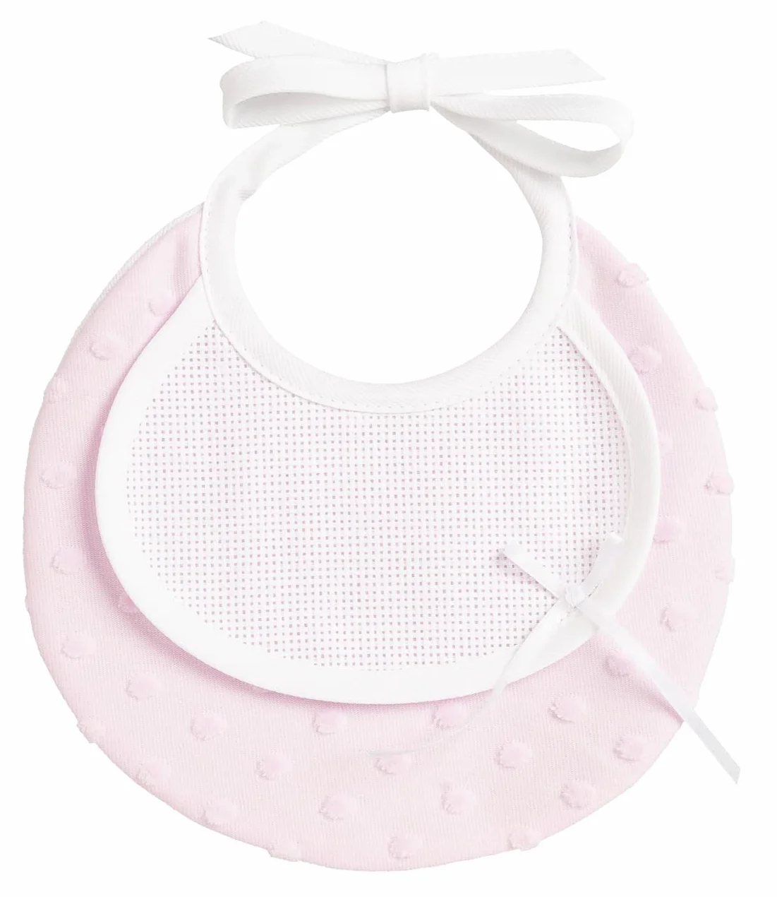 Bavaglino Tondo Neonato Morbido Tessuto Pois Effetto 3D Tela Aida Ricamare Chiusura Laccetti Rosa Made in Italy