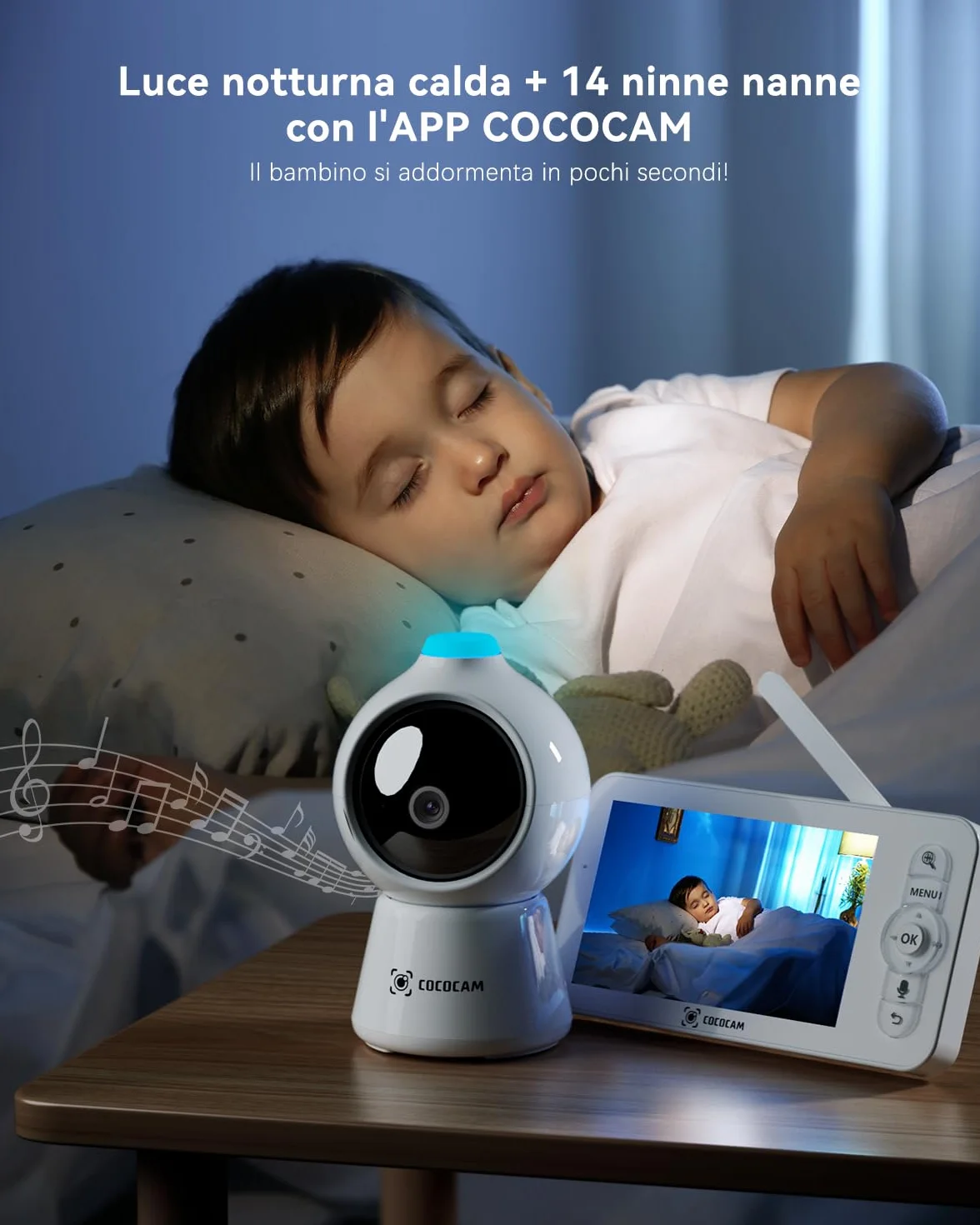 COCOCAM 2K 4MP AI Baby Monitor con 5" LCD, 2,4G/5GHz WiFi, Rilevamento Volto Coperto, Tracciamento Automatico