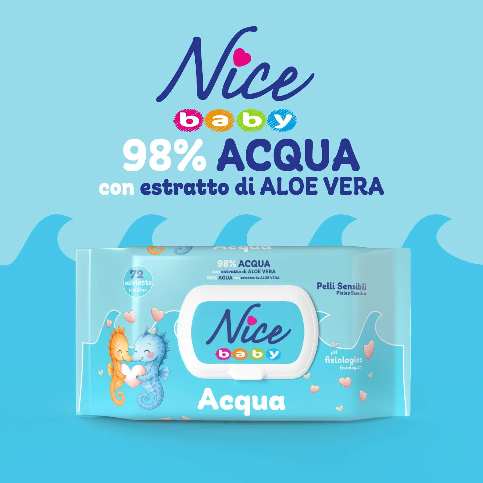 Nice Baby Acqua Salviette per Cambio Pannolino 98% Acqua Aloe 72 szt.