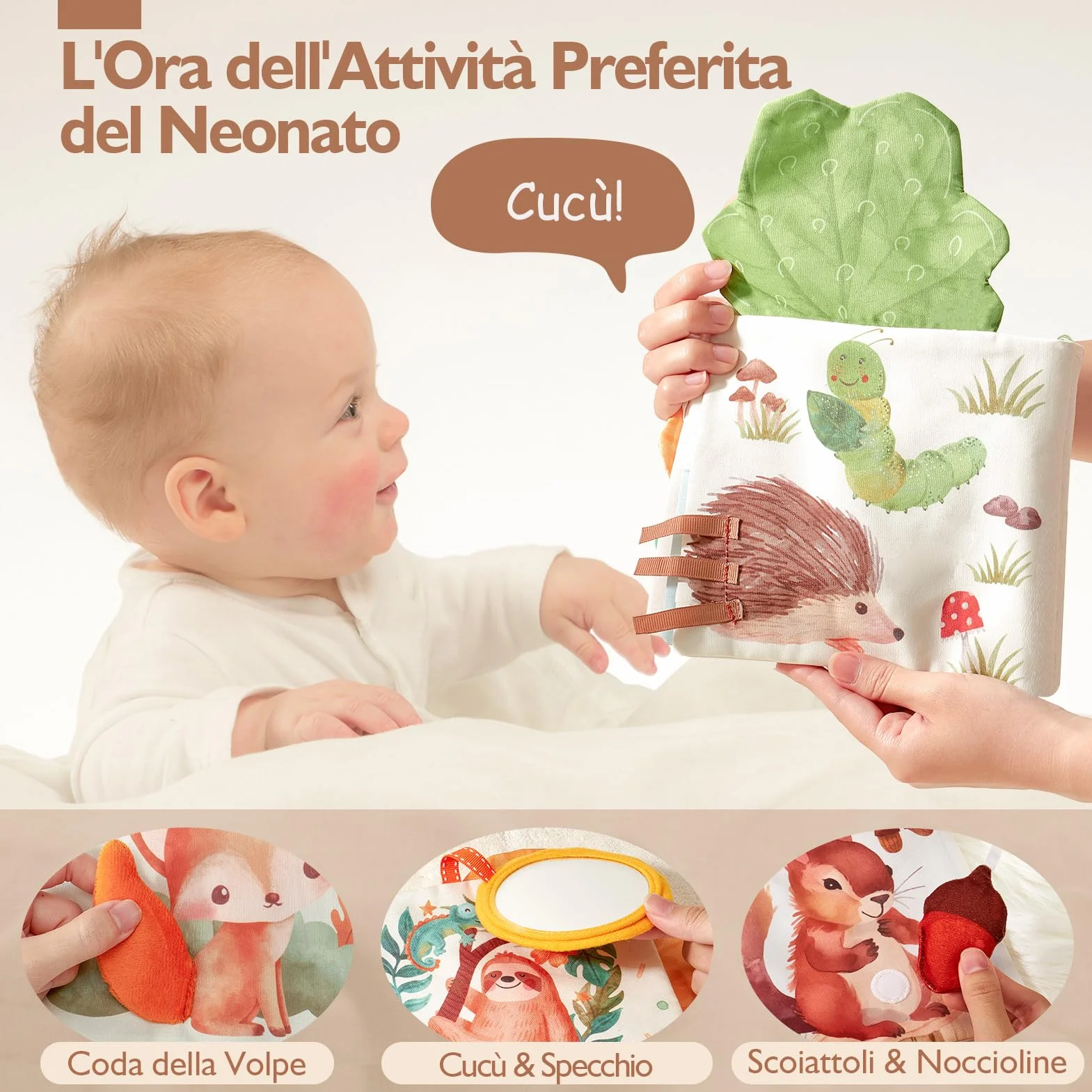 hahaland Libri di Stoffa Neonati 0-6 Mesi - Morbidi Animali Interattivi Libretto Tattile con Specchio - Giochi Sensoriali per Bimbo Bimba