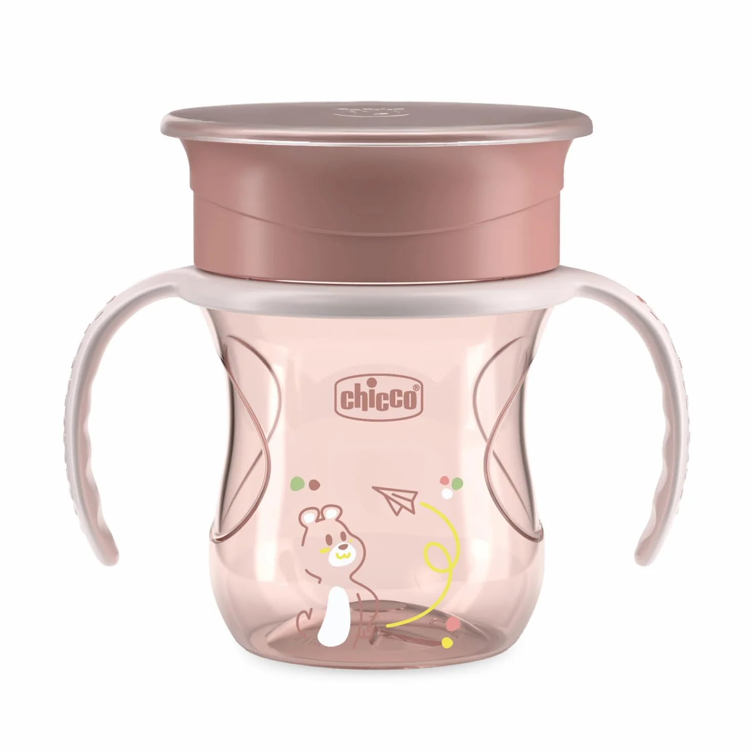 Chicco Perfect Cup Bicchiere per Bambini 200 ml, 1 Tazza Biberon 12+ Mesi, Membrana Silicone 360°, Manici Rimovibili, Senza BPA, Rosa