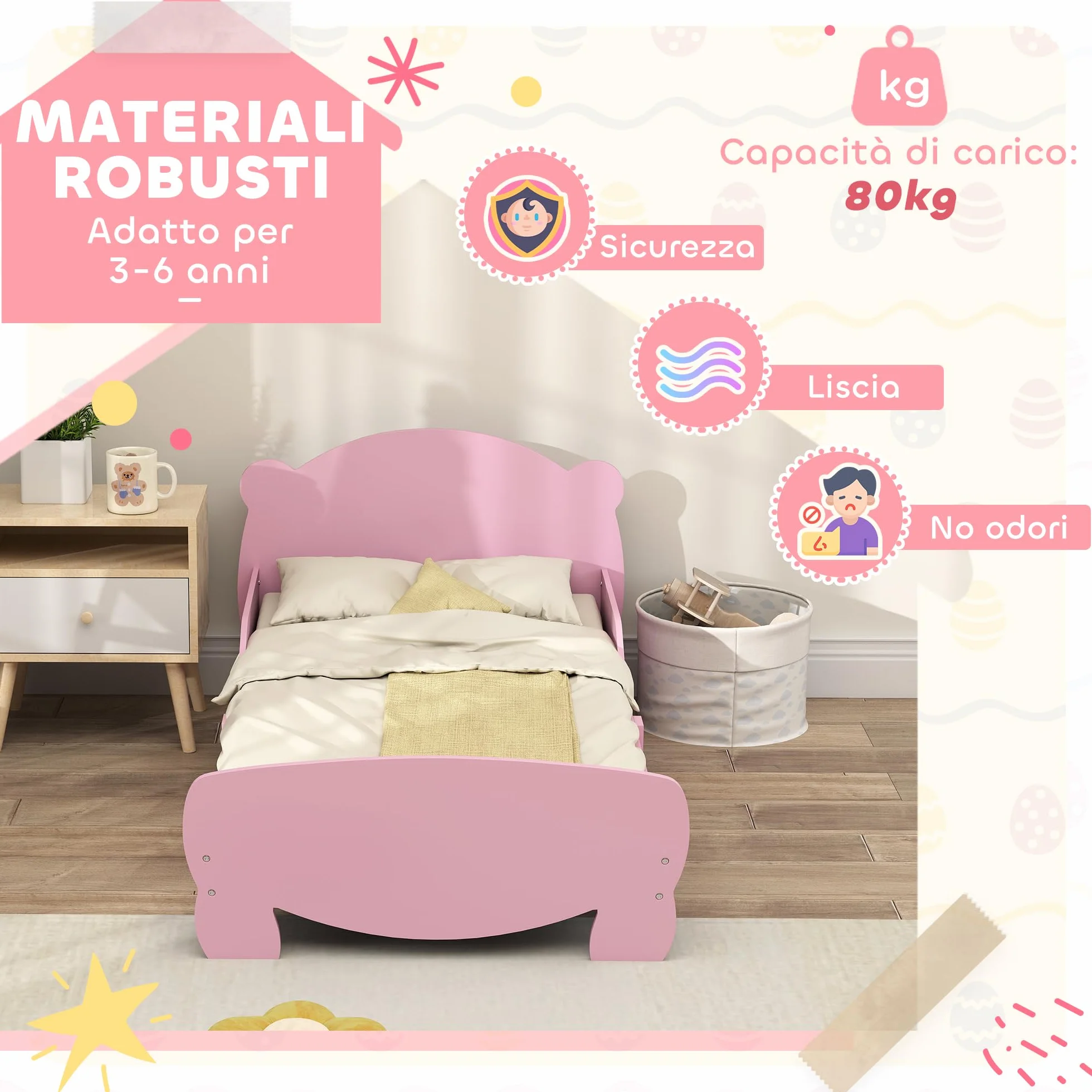 AIYAPLAY Letto Montessori Bambini 140x70 cm Lettino Singolo con Sponde Anti-Caduta Rosa