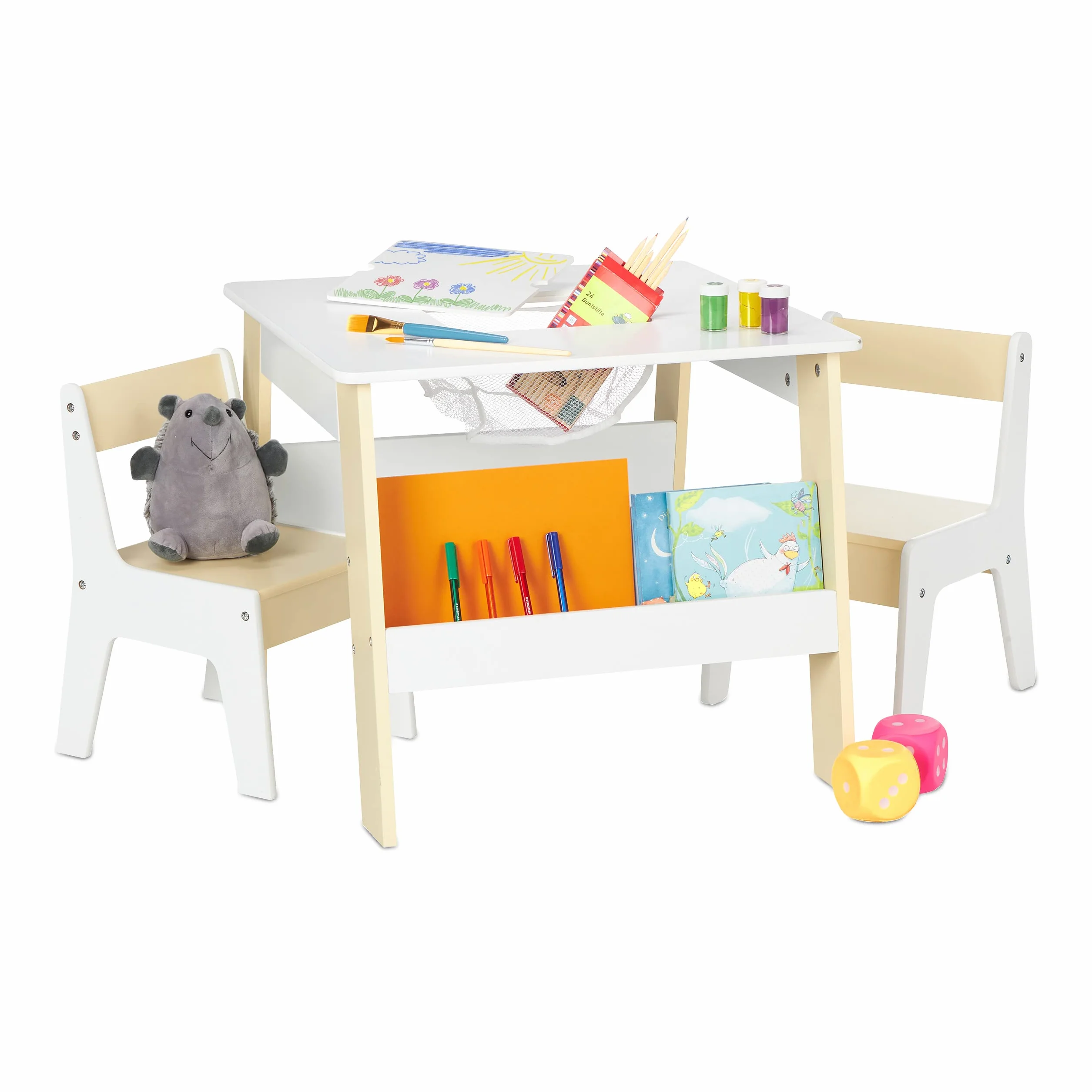 Relaxdays Tavolino con 2 Sedie per Bambini, Scomparto per Libri, Bianco Beige