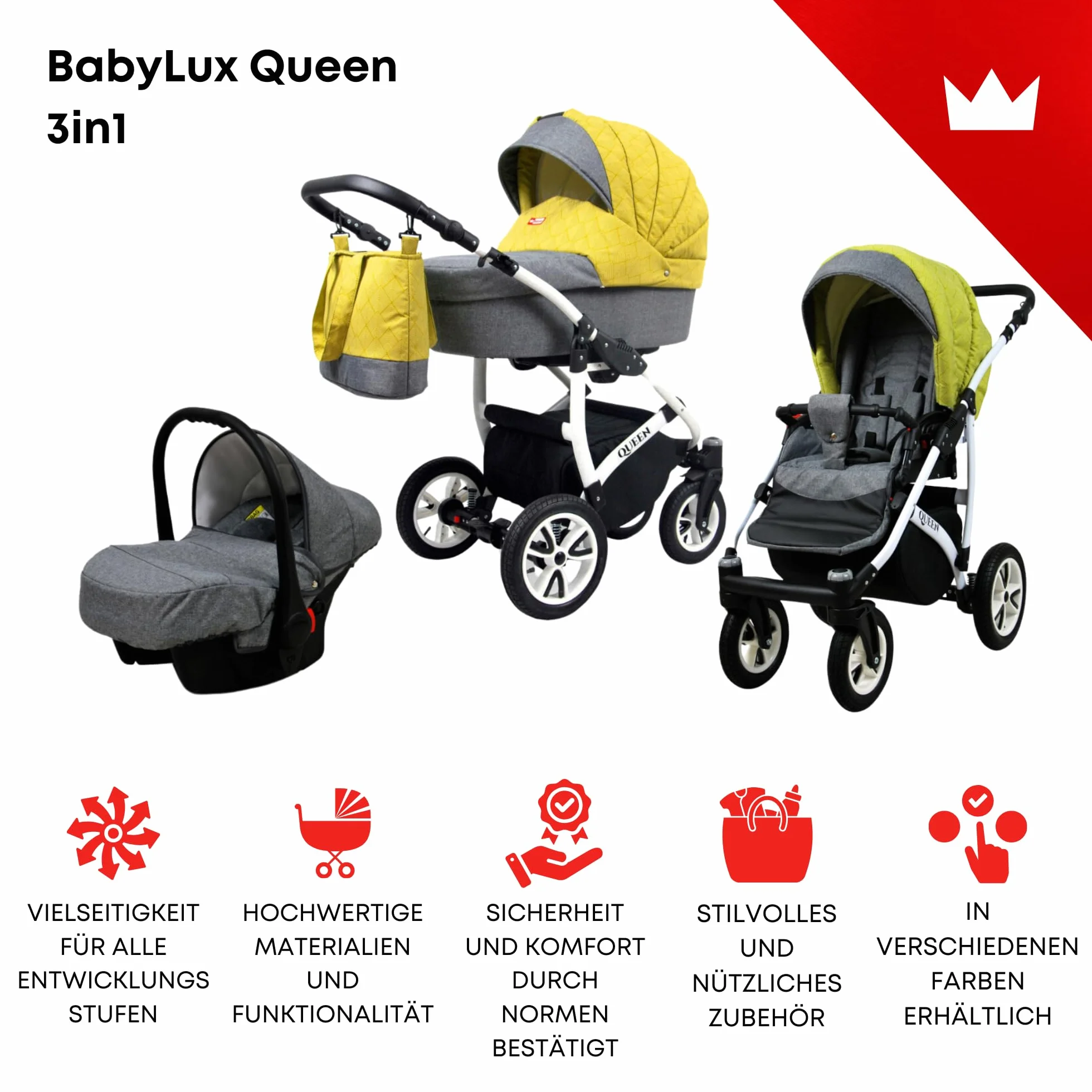 BabyLux Passeggino 3 in 1 Queen - Set Completo con Navicella, Seggiolino Auto, Borsa e Copertura Antipioggia