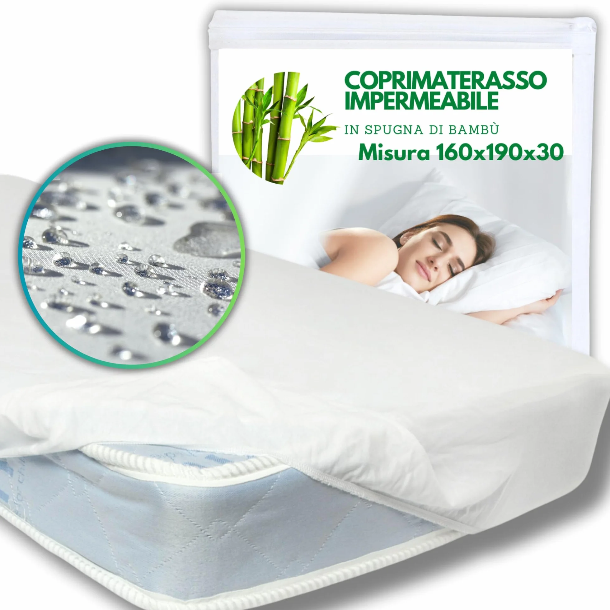 Coprimaterasso Matrimoniale Impermeabile in Bambù 160x190x30 cm
