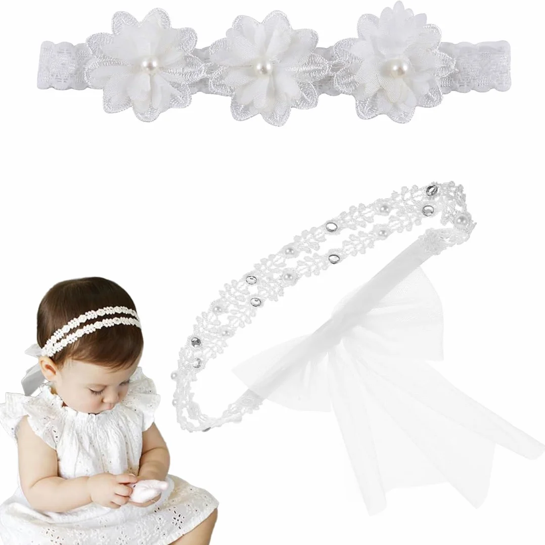 Fasce per capelli in pizzo per bambini, fascia neonato, 2 pezzi, testa 37-48 cm