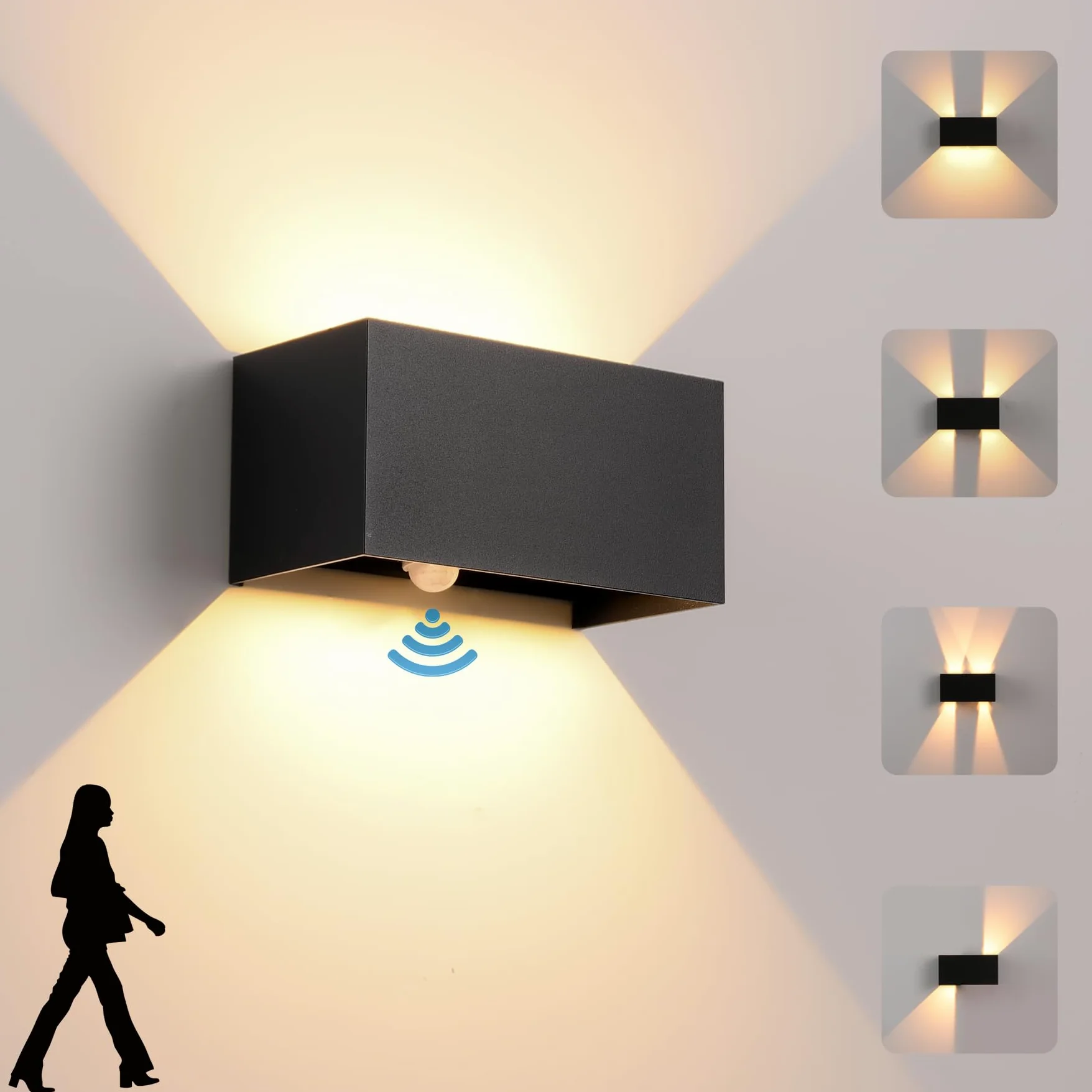 Applique da Parete 24W con Sensore di Movimento LED Moderno Lampada da Parete Esterno Interno Bianco Caldo 3000K Lampade a Muro Angolo del Fascio Regolabile IP65 Impermeabile Aplique Nero in Alluminio