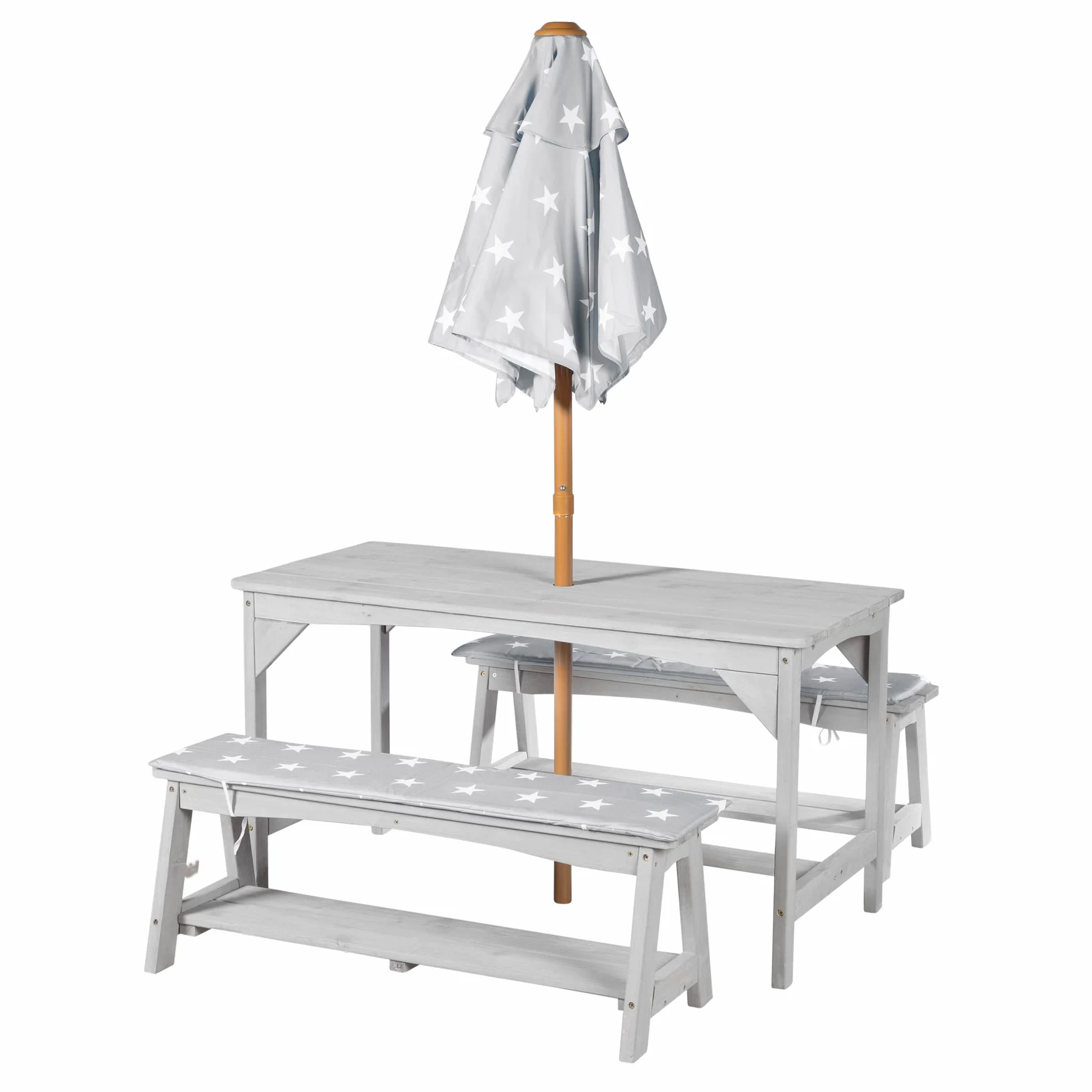 roba Set di Sedute per Bambini Picnic con Tavolo, 2 Panche, Ombrellone e Cuscini – Legno Grigio