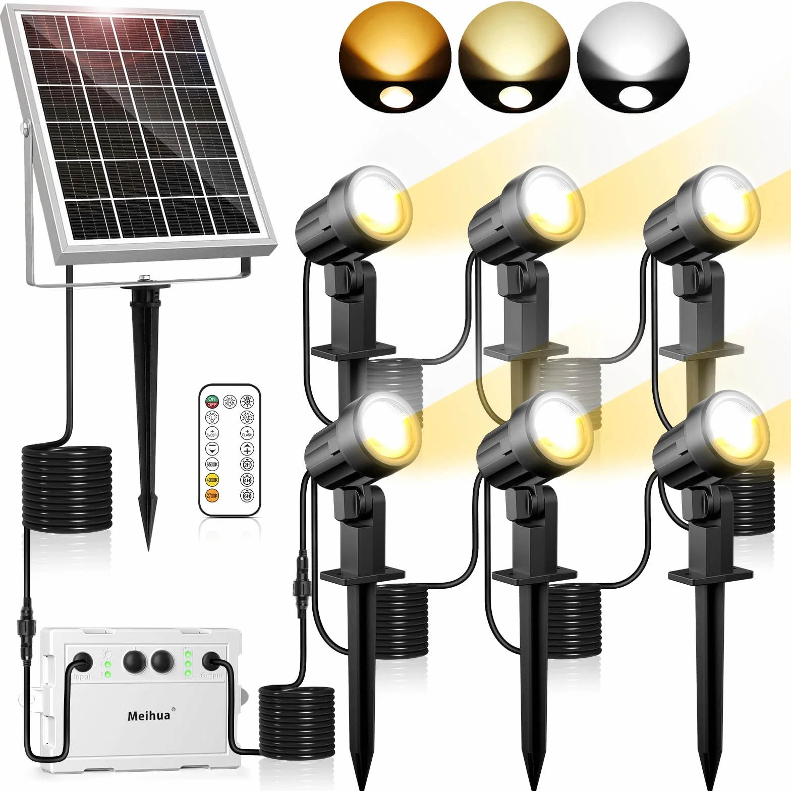 MEIHUA Faretti Solari Esterno 2700K 4000K 6000K Faretto Solare IP66 Impermeabile Faro Luce Solare 3 Luminosità 2 Modalità Dinamiche Timer Lampade da Giardino Solari per Cortile Halloween Natale