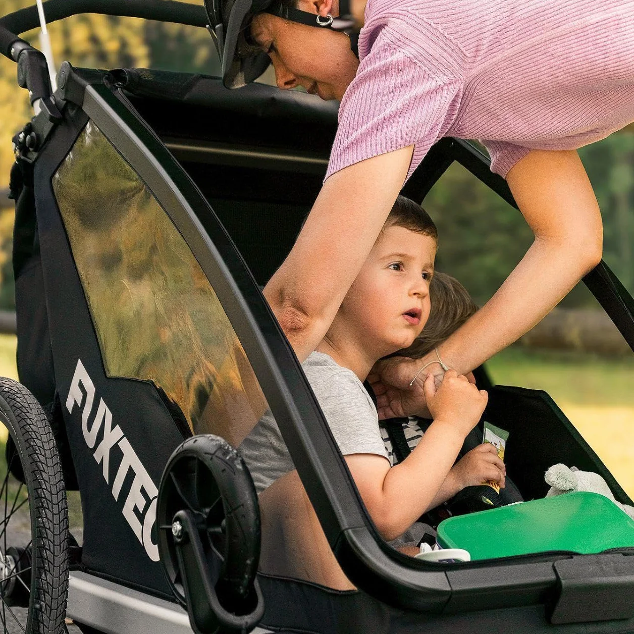 FUXTEC Rimorchio per Bici FX-FA1S Carrello 1 Posto Bambini Pieghevole Parasole Parapioggia Cintura Sicurezza