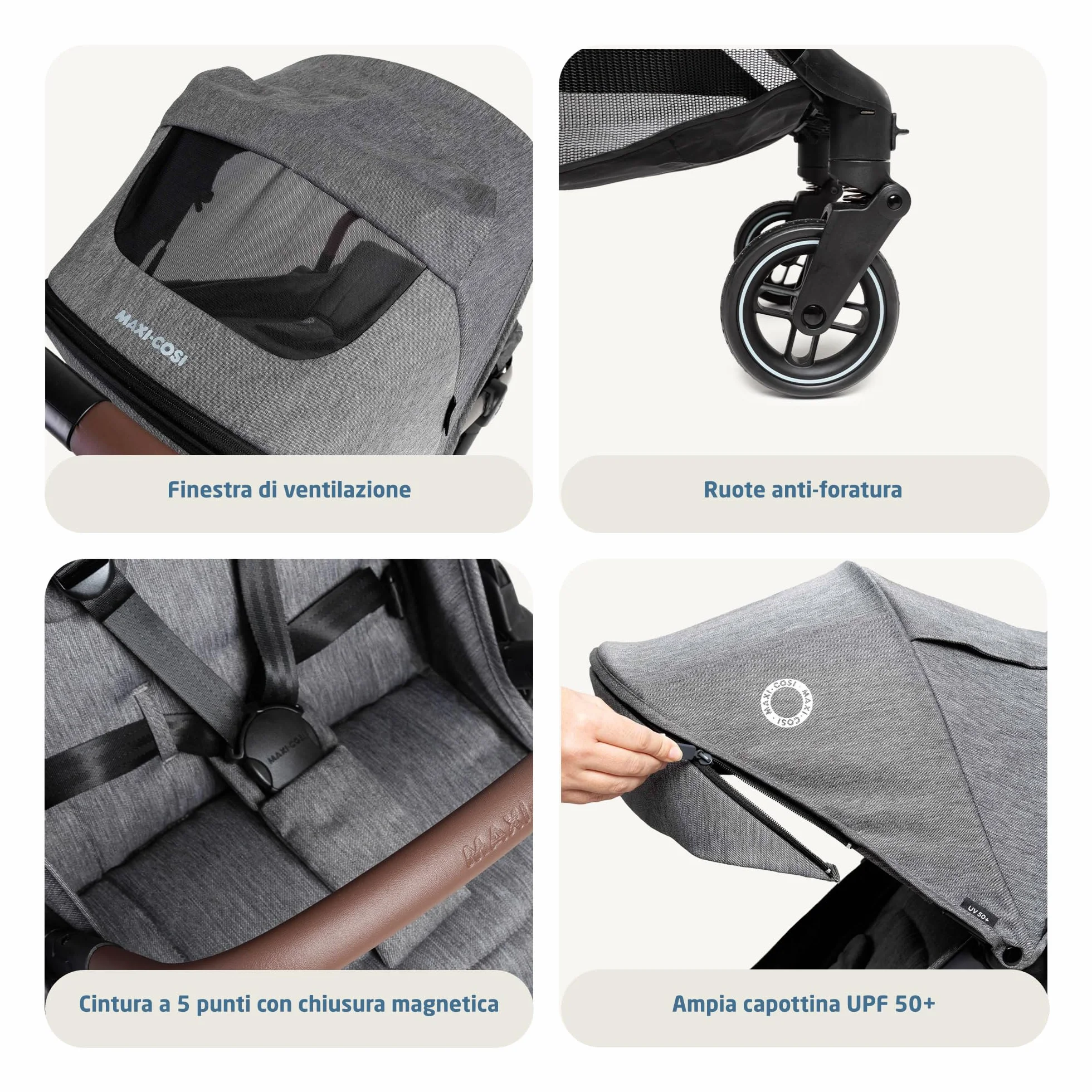 Maxi-Cosi Eva3 Passeggino Leggero Compatto 0-4 anni 22 kg Reclinabile 3 Posizioni Chiusura Automatica Tracolla Select Grey