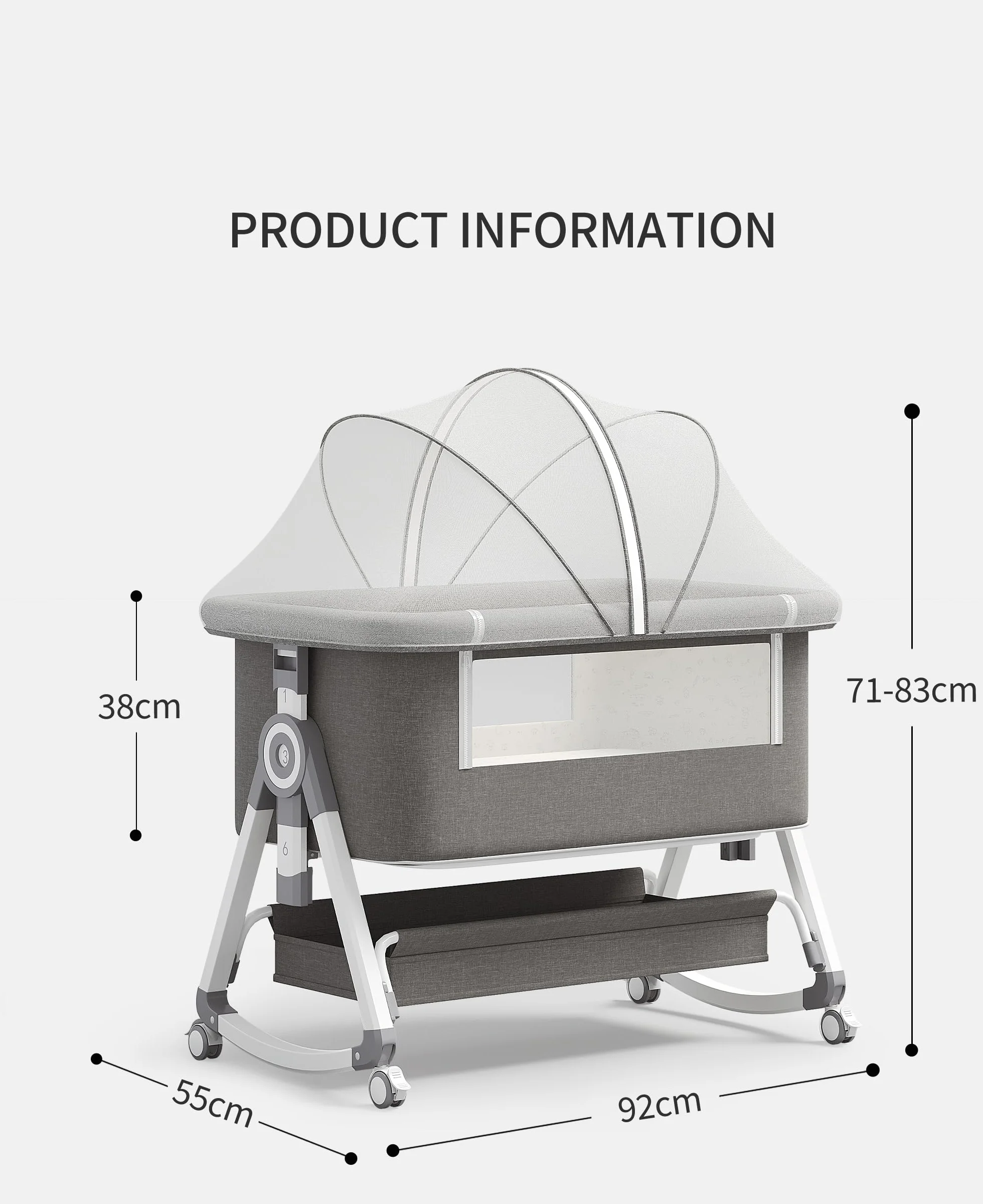 GLOKID 3-in-1 Culla Neonato con Materasso, Culla Next to Me, Crib da Campeggio, Regolazione a Sei Velocità, Altezza Regolabile, Inclinabile (Grigio)