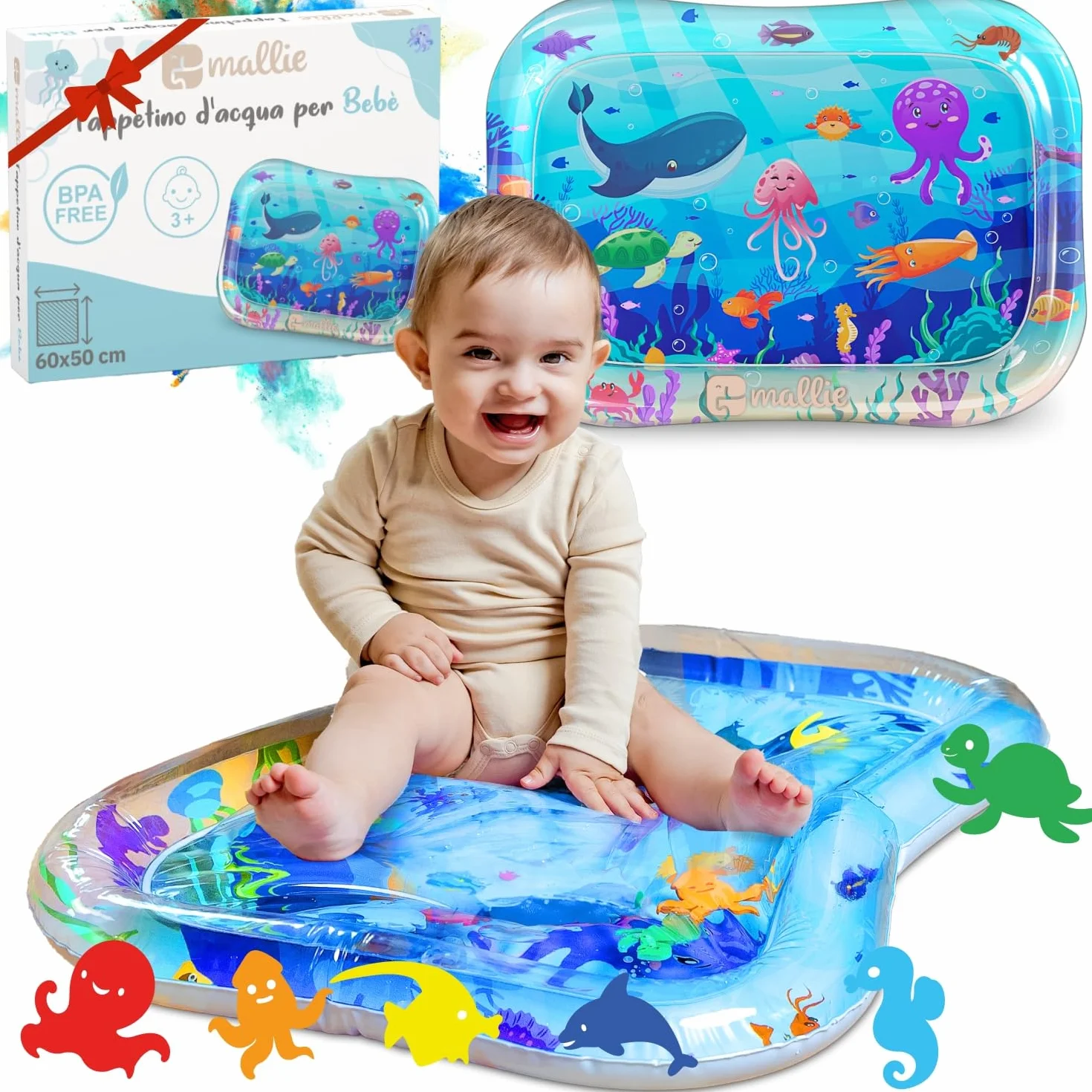 Mallie® Tappetino Tummy Time Neonato Gonfiabile ad Acqua: Giochi Sensoriali 0-3 Mesi