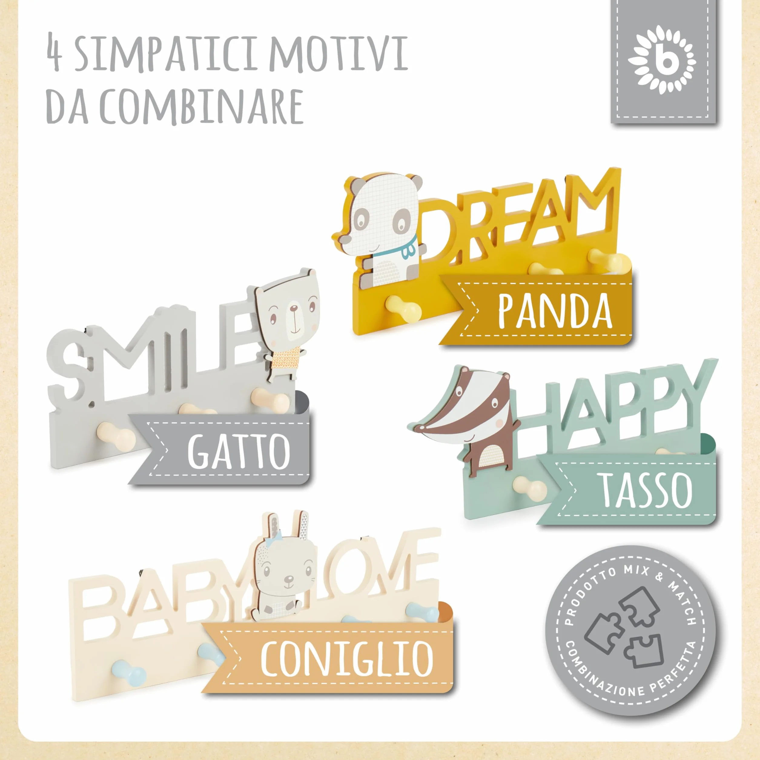 Bieco Smile Gancio appendiabiti per bambini in legno 25 cm 3 ganci da parete