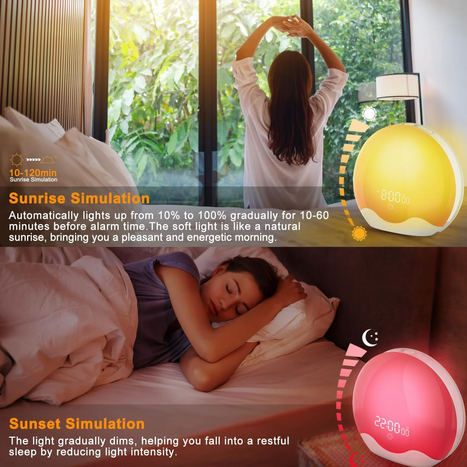 Sveglia luminosa, alba e tramonto, radio FM, 5 suoni naturali, 2 allarmi, snooze, 12 luci colorate, 20 luminosità, lampada da comodino per bambini