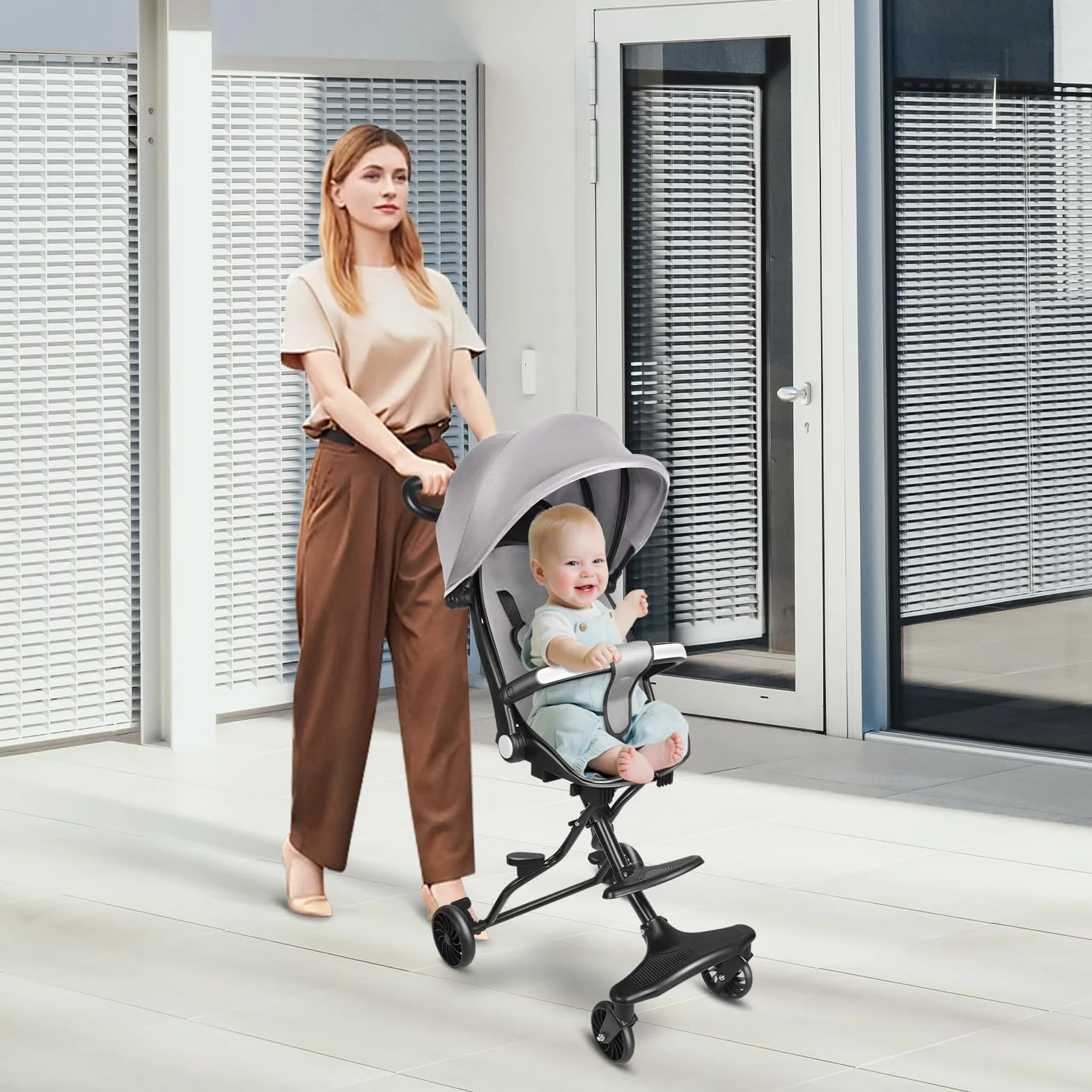 OHMG Passeggino compatto pieghevole 25 kg con sistema trolley cappottina estensibile 0-4 anni 5 kg