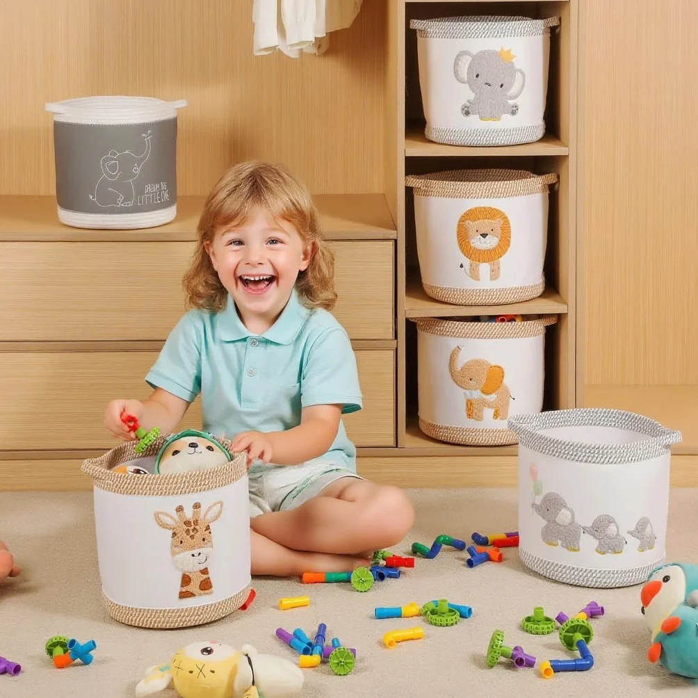 Ceste Portaoggetti Pieghevoli per Bambini Set Giallo Leone Giraffa Elefante