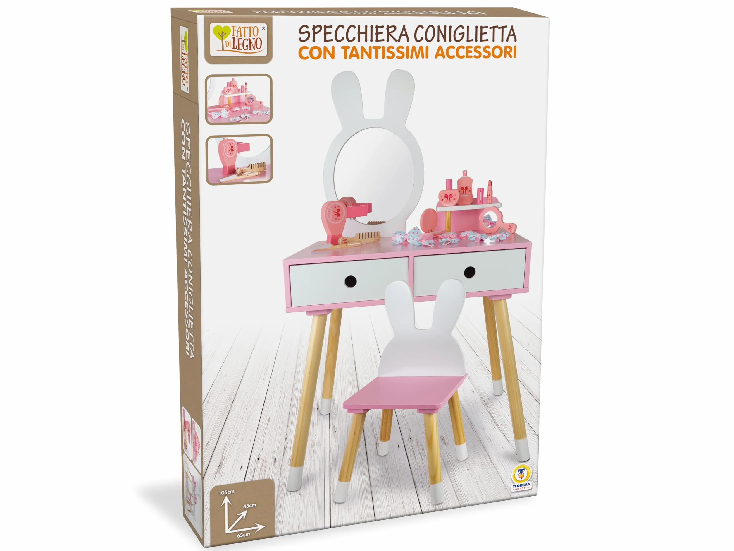 Teorema Giocattoli Postazione Trucco Bambina Grande Toeletta Legno Coniglietta Sgabello Specchio Accessori Make Up Cameretta
