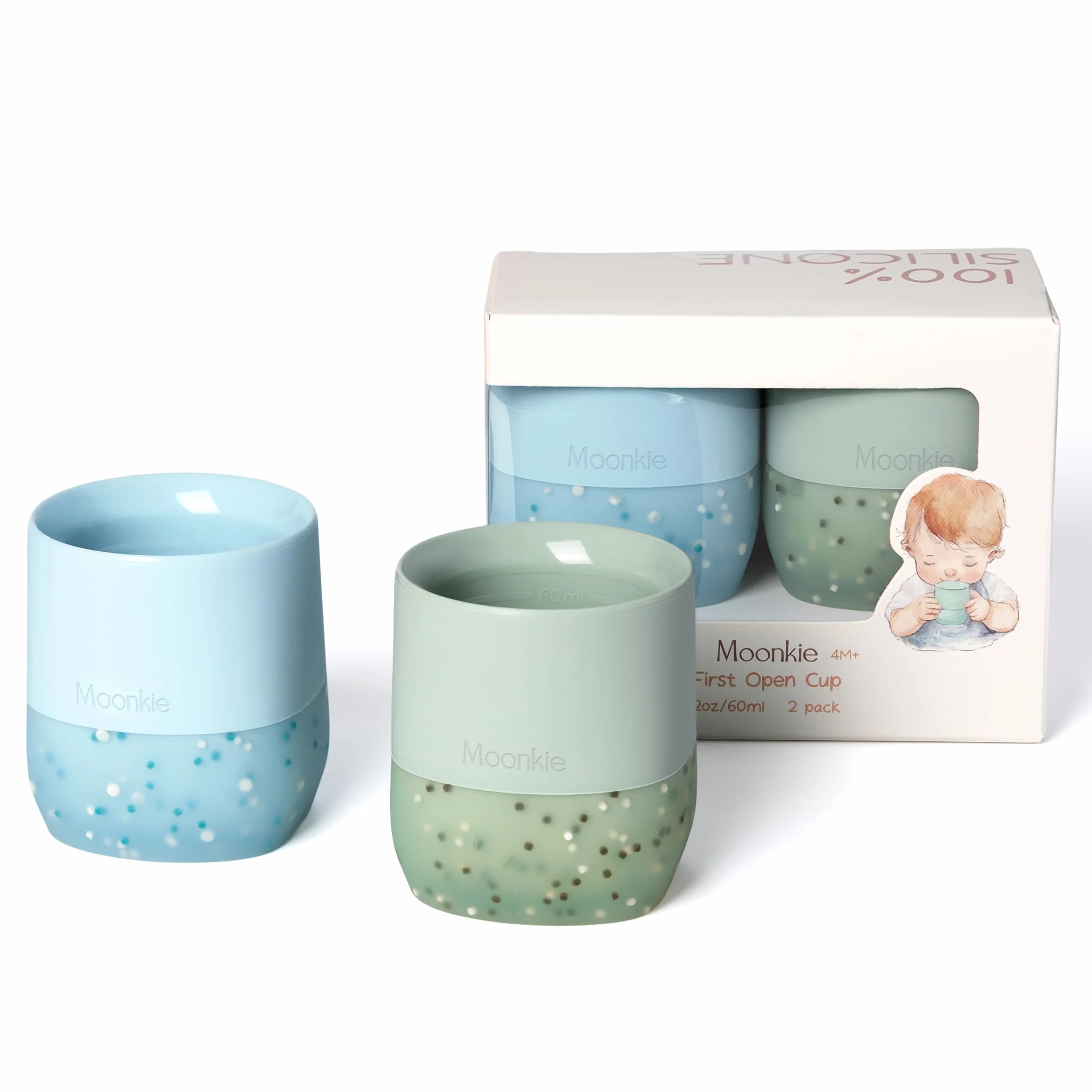 Moonkie Bicchiere Bambini 2 Pezzi Silicone Neonato 4 Mesi+ Svezzamento Base Ponderata senza BPA Lavastoviglie 2oz