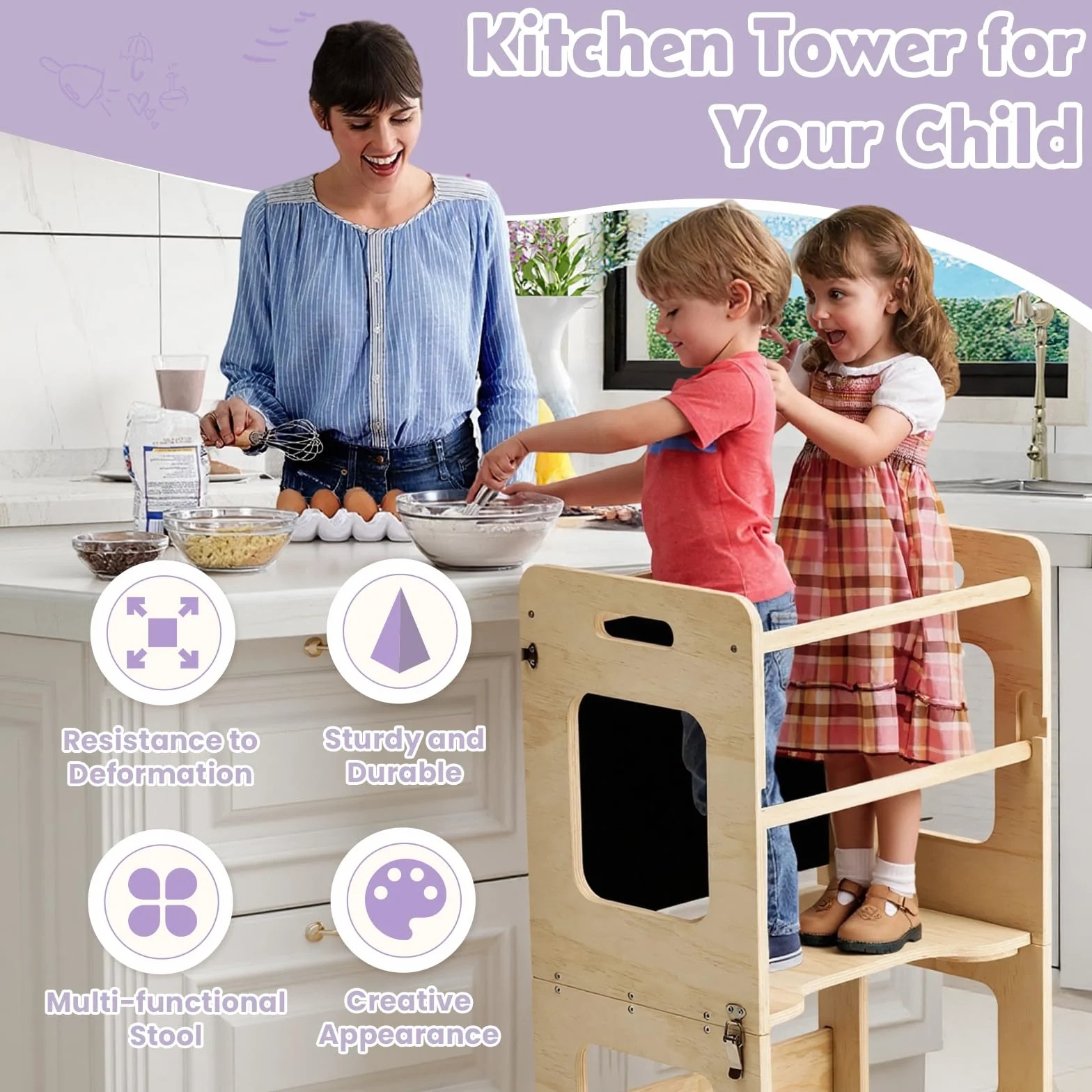 Labebe 4 in 1 Pieghevole Torre di Apprendimento Montessori per Bambini con Lavagna Nera Legno Anti-Ribaltamento 18 Mesi