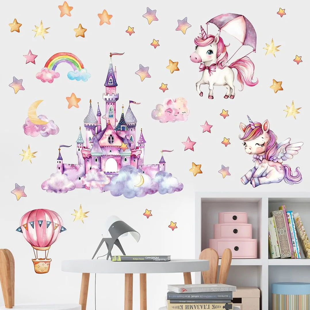 Adesivi da Parete Fluorescenti Unicorno Arcobaleno Luminoso Murali Bambini Farfalle Mongolfiera Stella Decorazione Murale